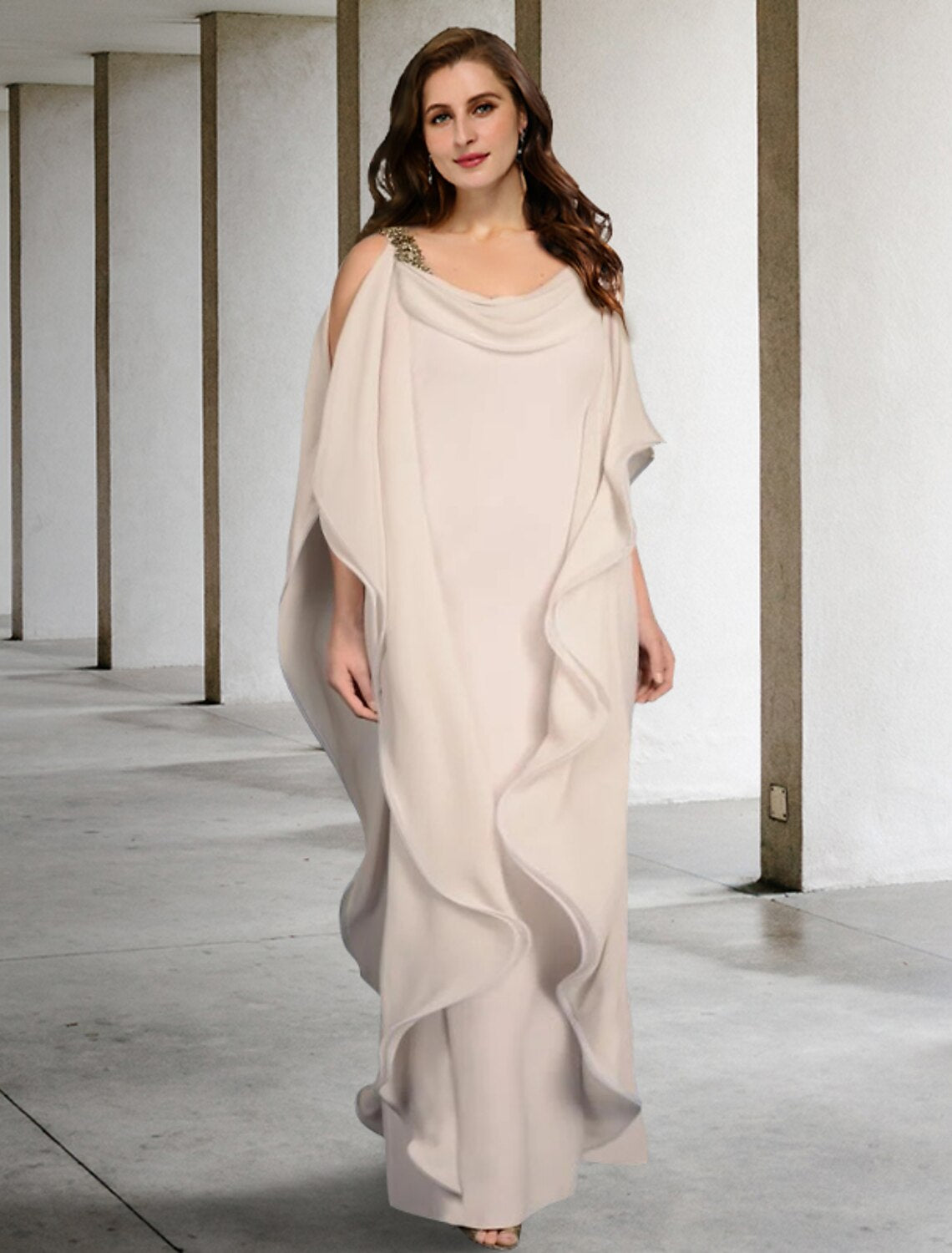 Etuikleid/Säulenkleid für die Brautmutter, Übergröße, Bauchfrei, elegantes Kleid, formelles Kleid, bodenlang, ärmellos, Rundhalsausschnitt, Chiffon mit Perlenbesatz und Rüschen