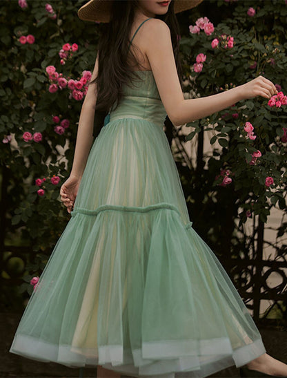 A-Linie Hochzeitsgastkleider Gestuftes Plisseekleid Urlaub Sommer Knöchellang Ärmellos Spaghettiträger Brautjungfernkleid Tüll mit Rüschen