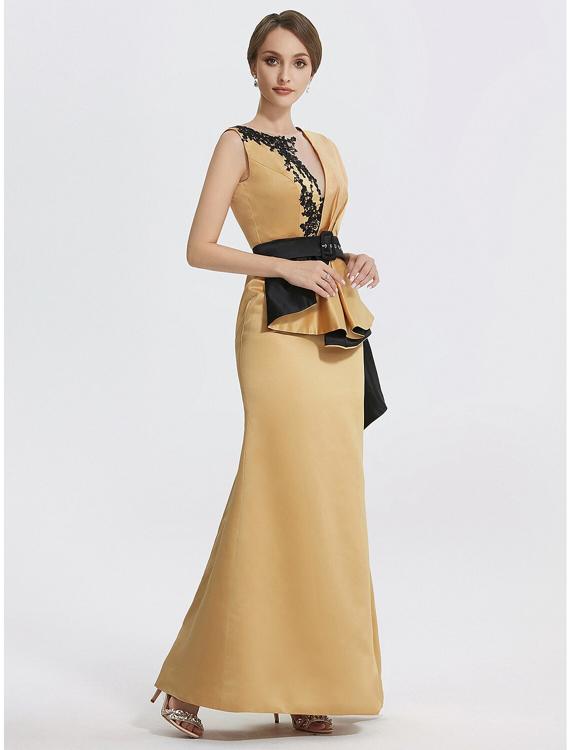 Etuikleid/Säulen-Abendkleid, elegantes Kleid, formell, bodenlang, ärmellos, Rundhalsausschnitt, Satin mit Stickerei-Applikationen
