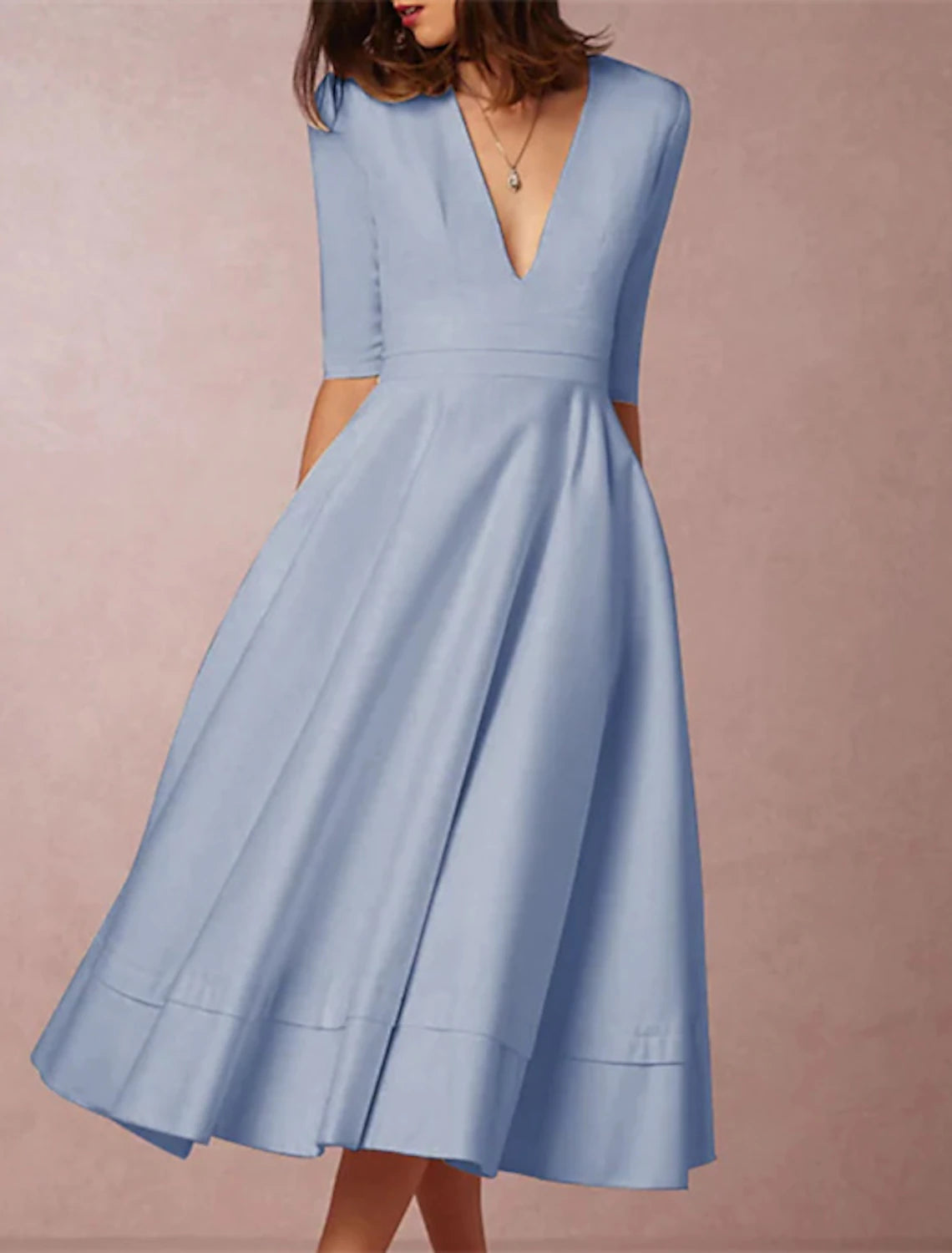 Robe de mariée trapèze minimaliste, style Kentucky Derby, longueur thé, manches mi-longues, col en V, en satin extensible avec plis, couleur unie
