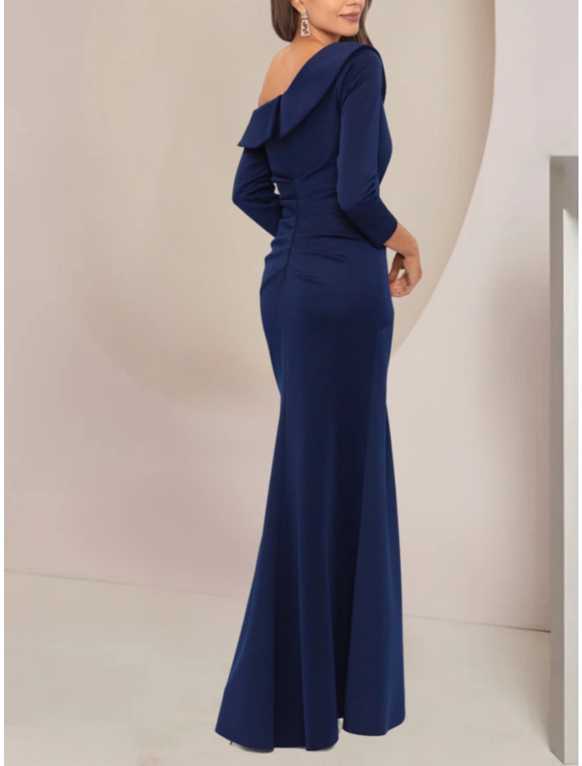 A-Linie Kleid für die Mutter der Braut, Hochzeitsgast, elegant, Party, schulterfrei, bodenlang, Stretch-Stoff, lange Ärmel mit Rüschen, einfarbig
