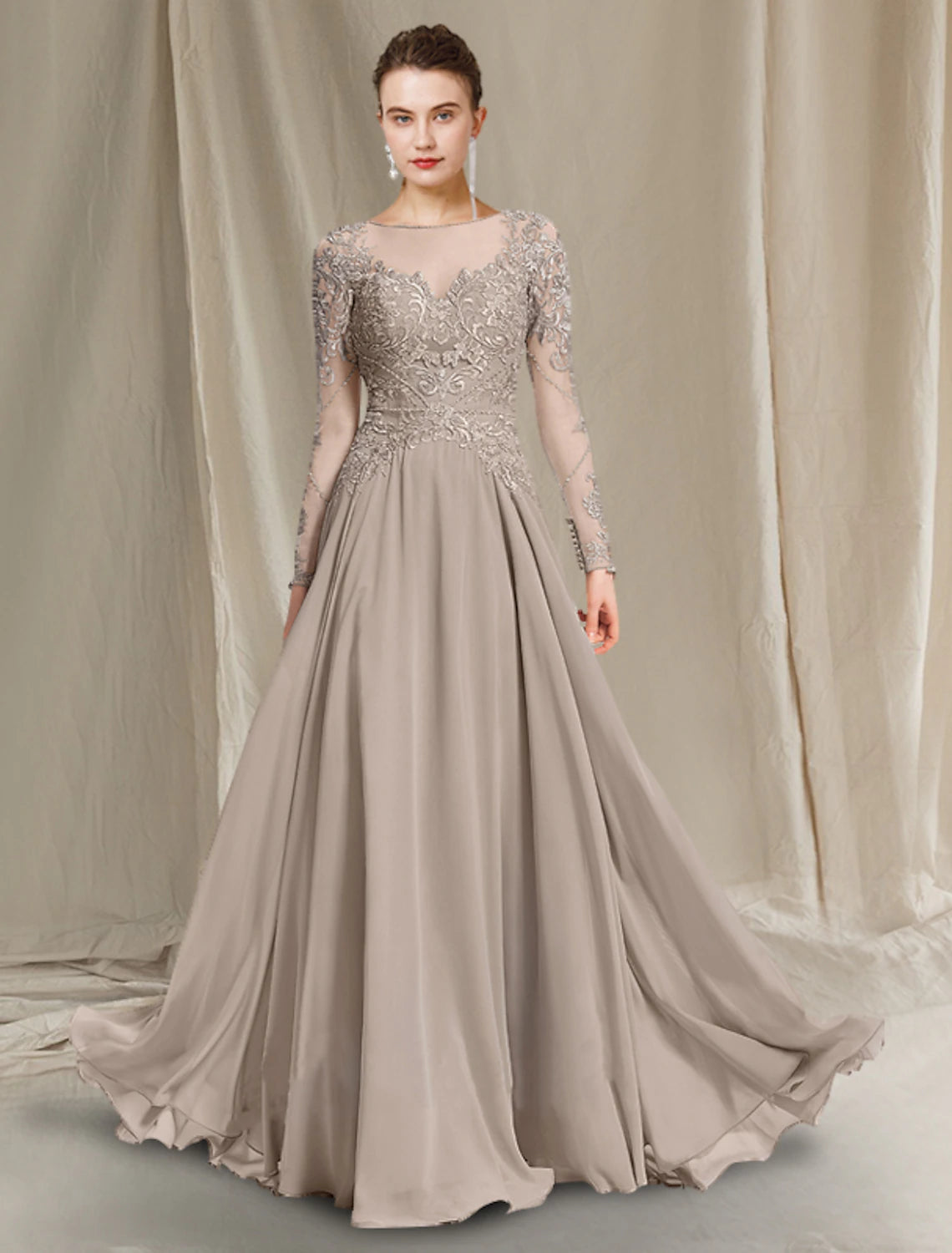 A-Linien-Kleid für die Brautmutter, elegant, luxuriös, Rundhalsausschnitt, bodenlang, Chiffon, Spitze, lange Ärmel mit Faltenapplikationen