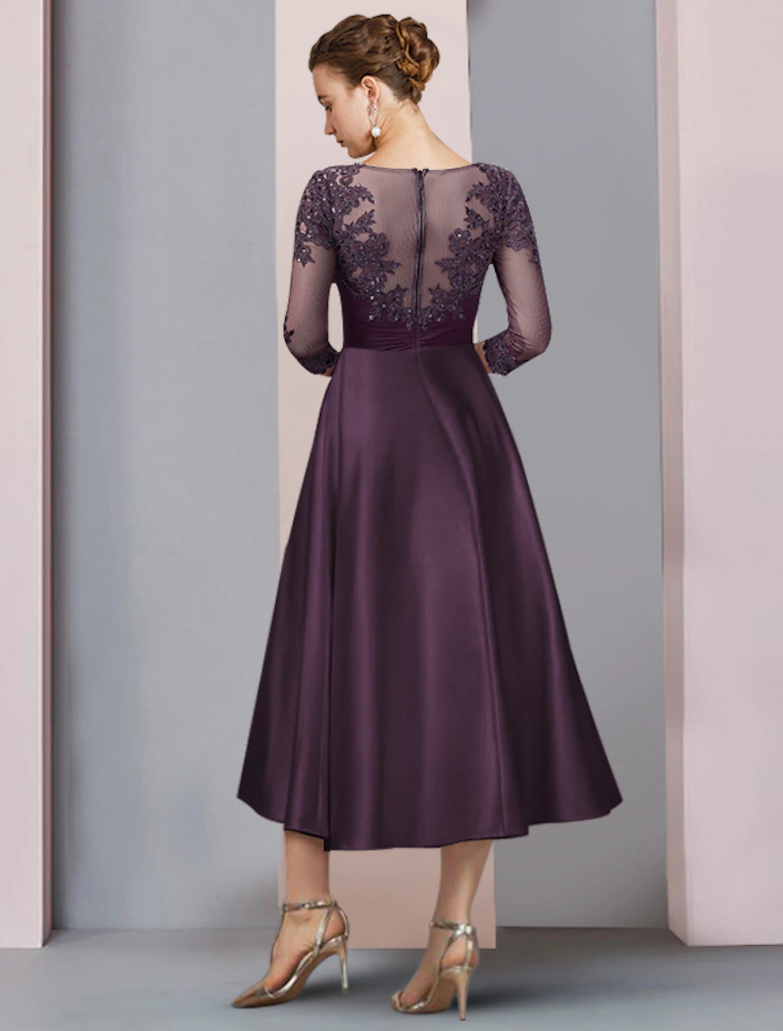 A-Linien-Kleid für die Mutter der Braut, Hochzeitsgast, elegant, U-Ausschnitt, teelang, Satin, Spitze, halbe Ärmel mit Pailletten-Applikationen