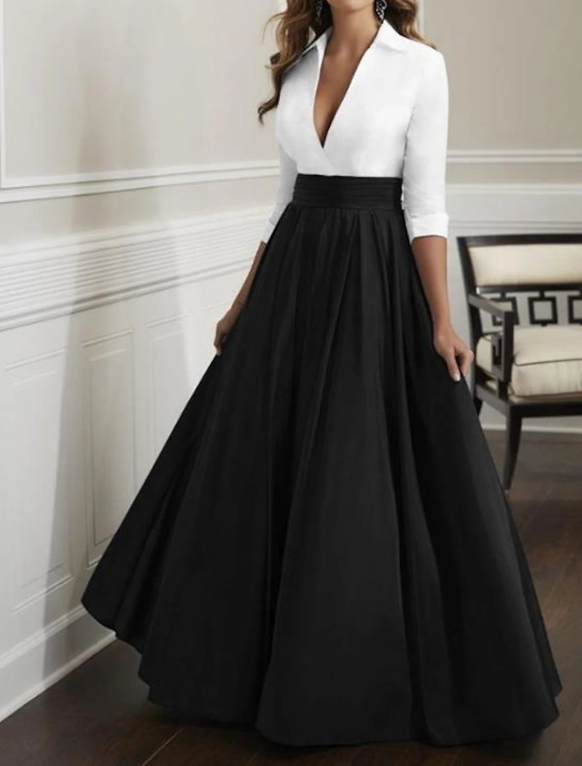 A-Linien-Kleid für die Mutter der Braut, Hochzeitsgast, elegant und luxuriös, tiefer Ausschnitt, bodenlang, Satin, halbe Ärmel mit Rüschen