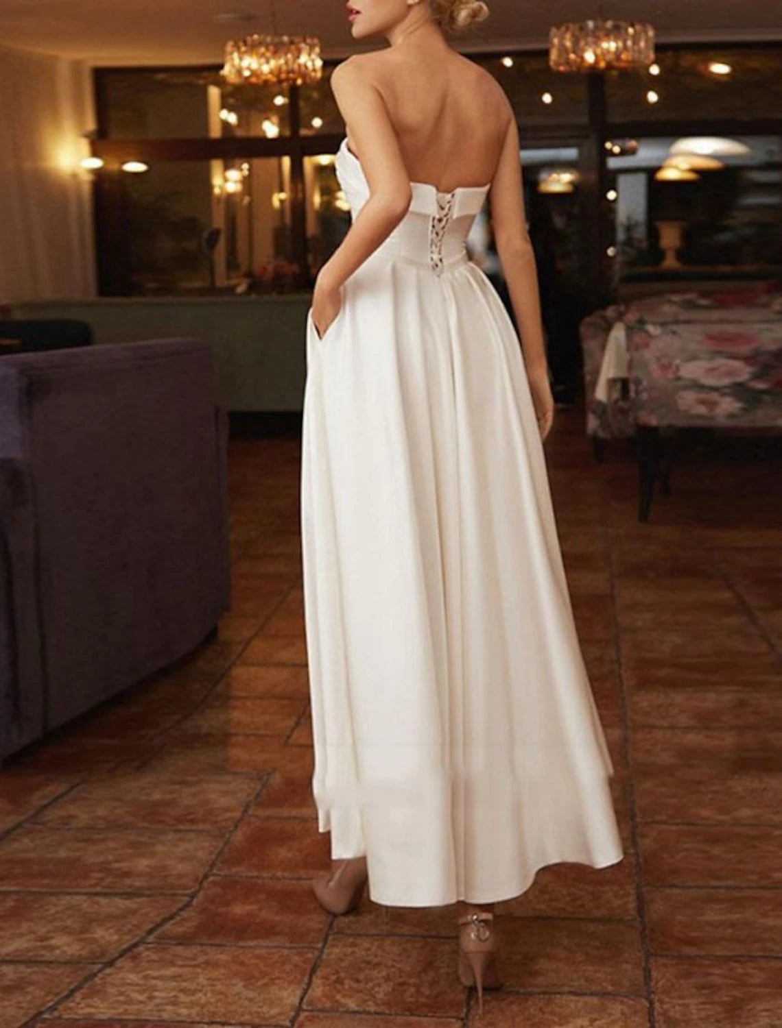 Reception Wedding Dresses Vintage 1940s / 1950s Simple Wedding Dresses A-Line V Neck Long Sleeve Tea Length Satin Bridal Gowns With Sashes / Ribbons Crystals Summer Party