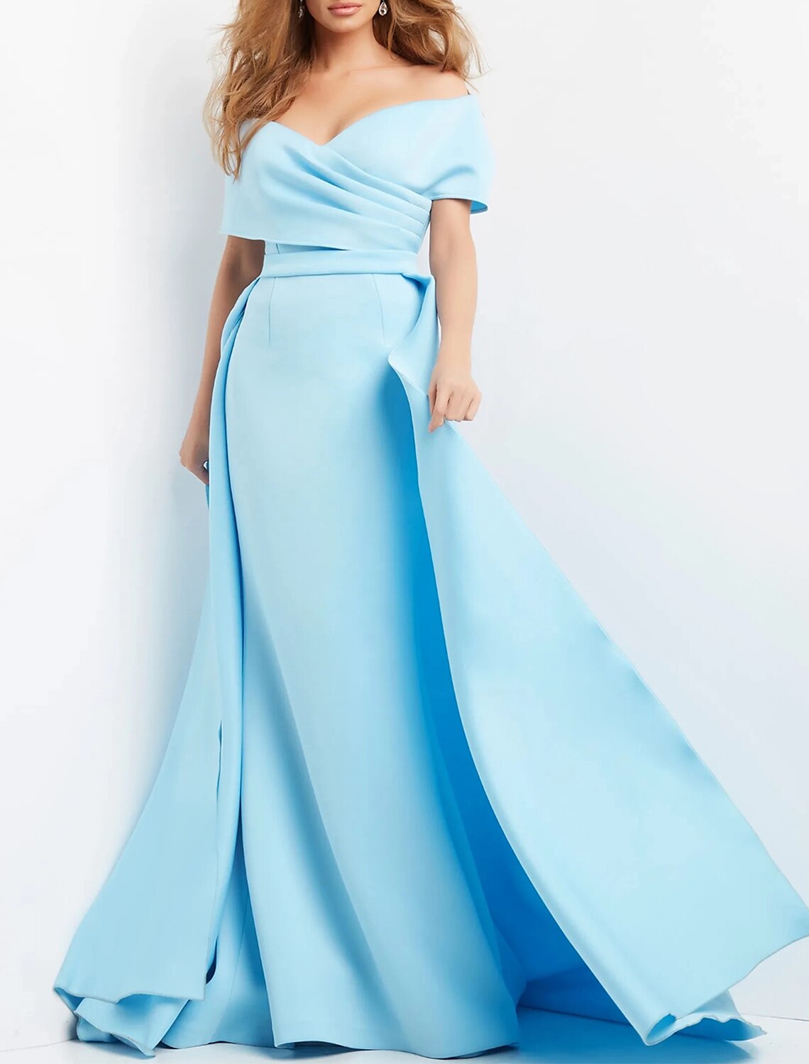 Etuikleid/Säulenkleid, elegantes Abendkleid, formelle Hochzeit, bodenlang, kurze Ärmel, Herzausschnitt, Stretch-Stoff mit Rüschen