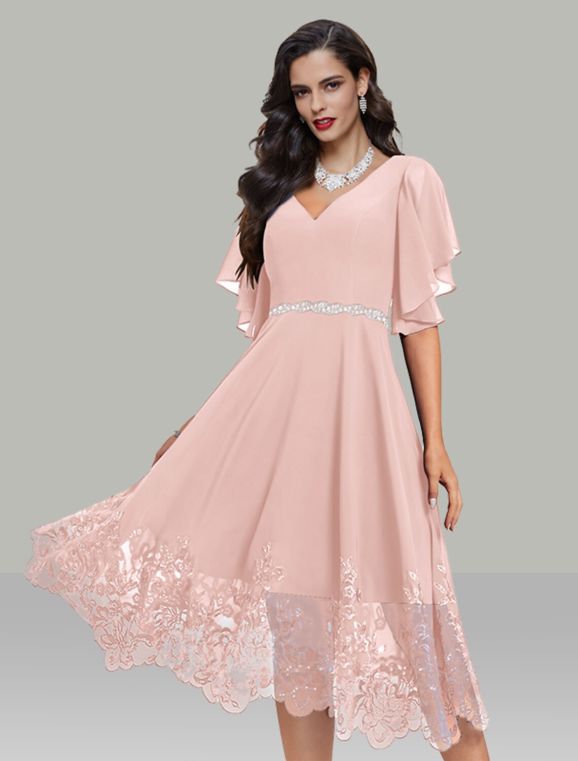 Robe de mariée trapèze élégante, robe de cocktail, longueur thé, manches courtes, col en V, ceinture en mousseline de soie avec broderies pailletées en strass