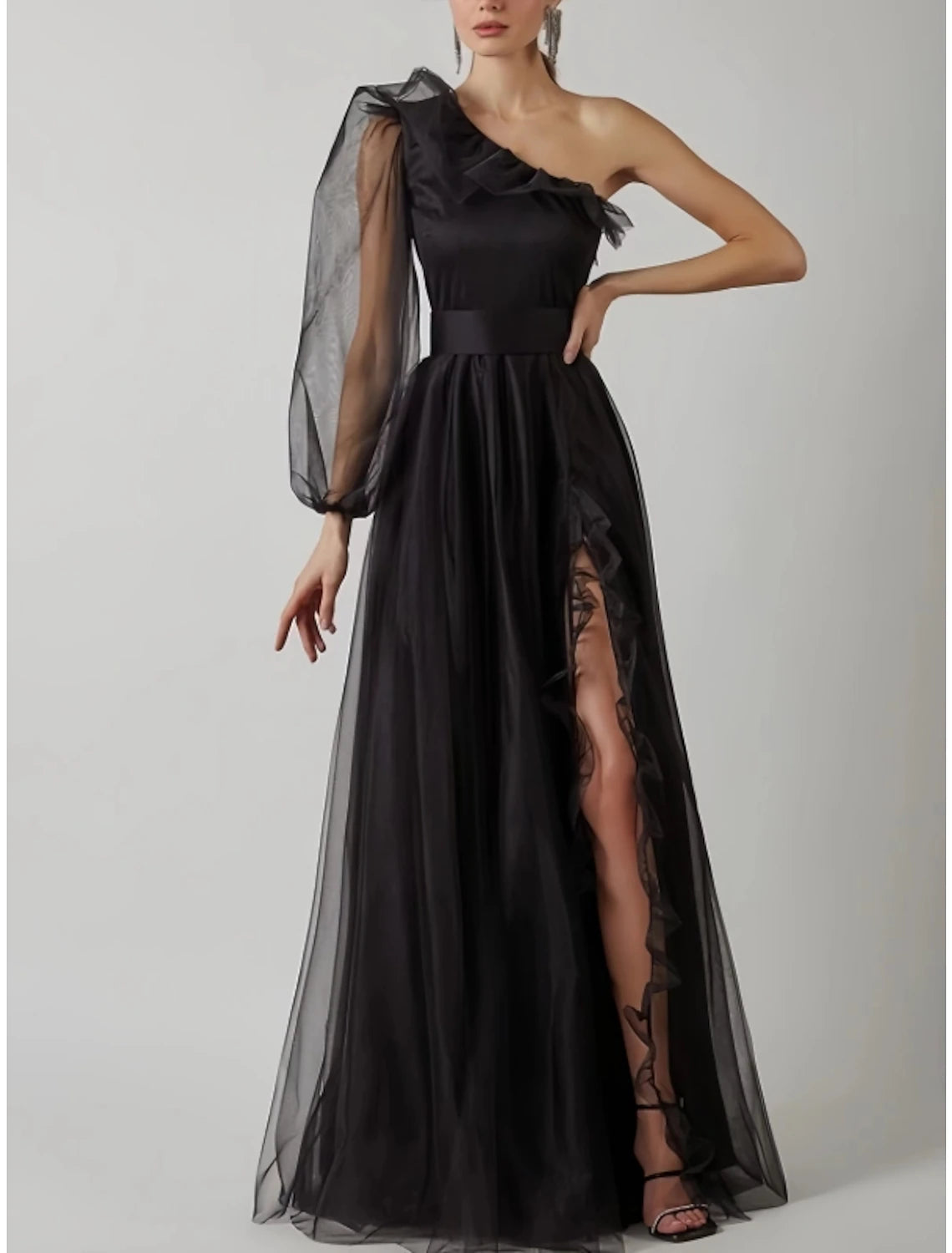 Etuikleid Partykleid Ballkleid Elegantes Kleid Abschlussball Geburtstag Bodenlang Langarm Ein Schulter Tüll mit Falten Rüschen Schlitz