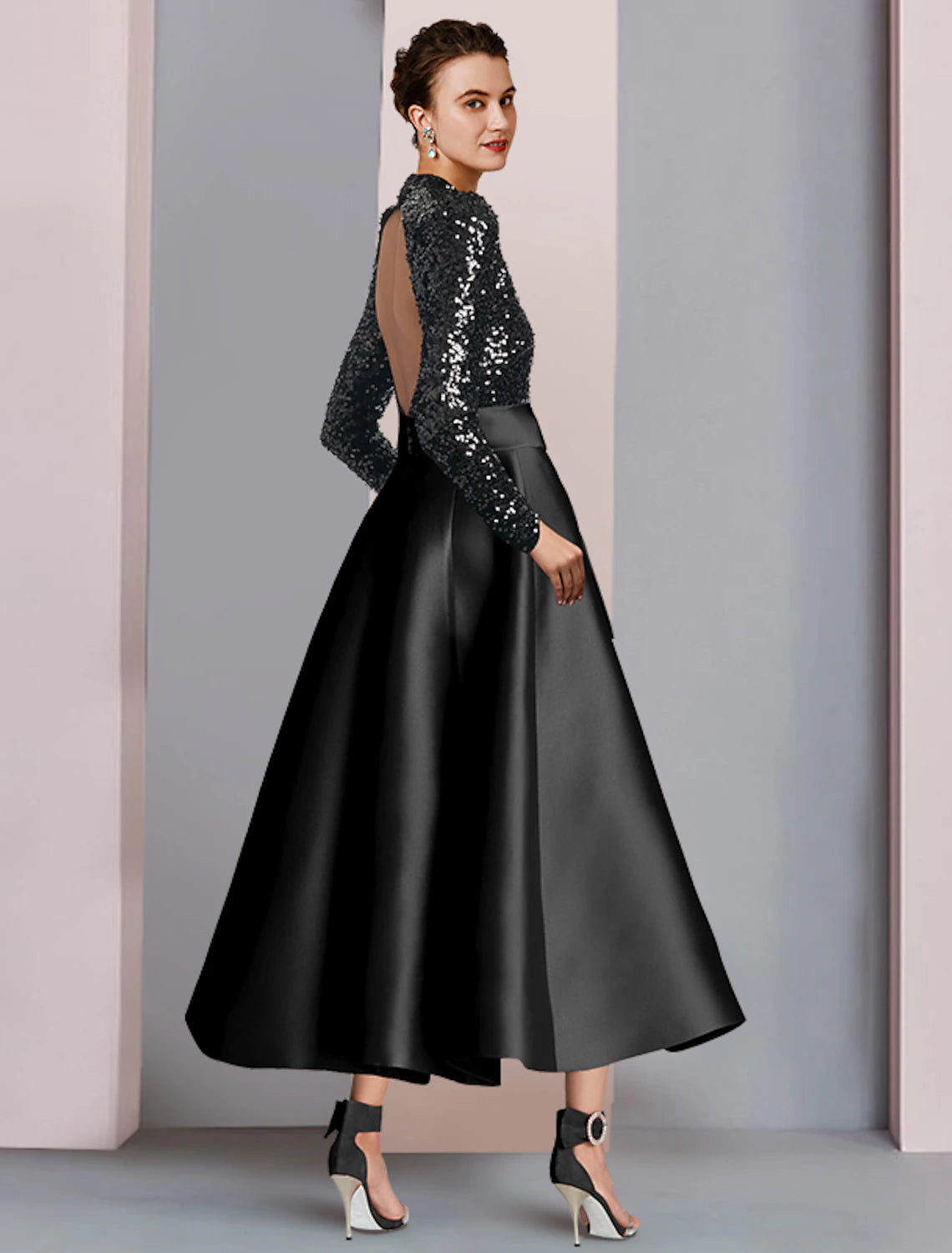 A-Linien-Kleid für die Mutter der Braut, Hochzeitsgast, elegant, funkelnd und glänzend, hoher Halsausschnitt, bodenlang, Satin, Pailletten, lange Ärmel, mit Schleife(n), Falten