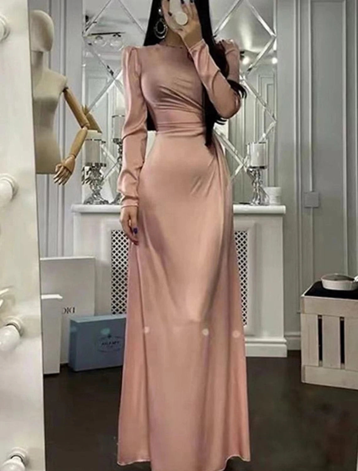 Etuikleid Partykleid Abendkleid Elegantes Kleid Hochzeitsgast Herbst Bodenlang Langarm Stehkragen Brautjungfernkleid Satin mit Rüschen