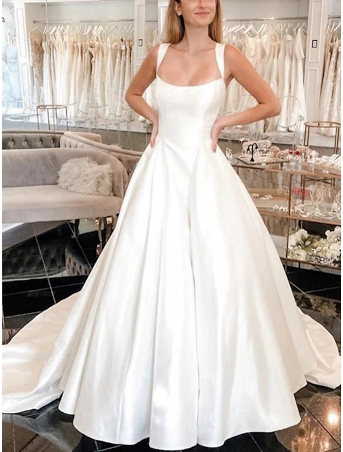 Robes de mariée décontractées en satin à plis, robe de bal, caraco, sans manches, traîne courte