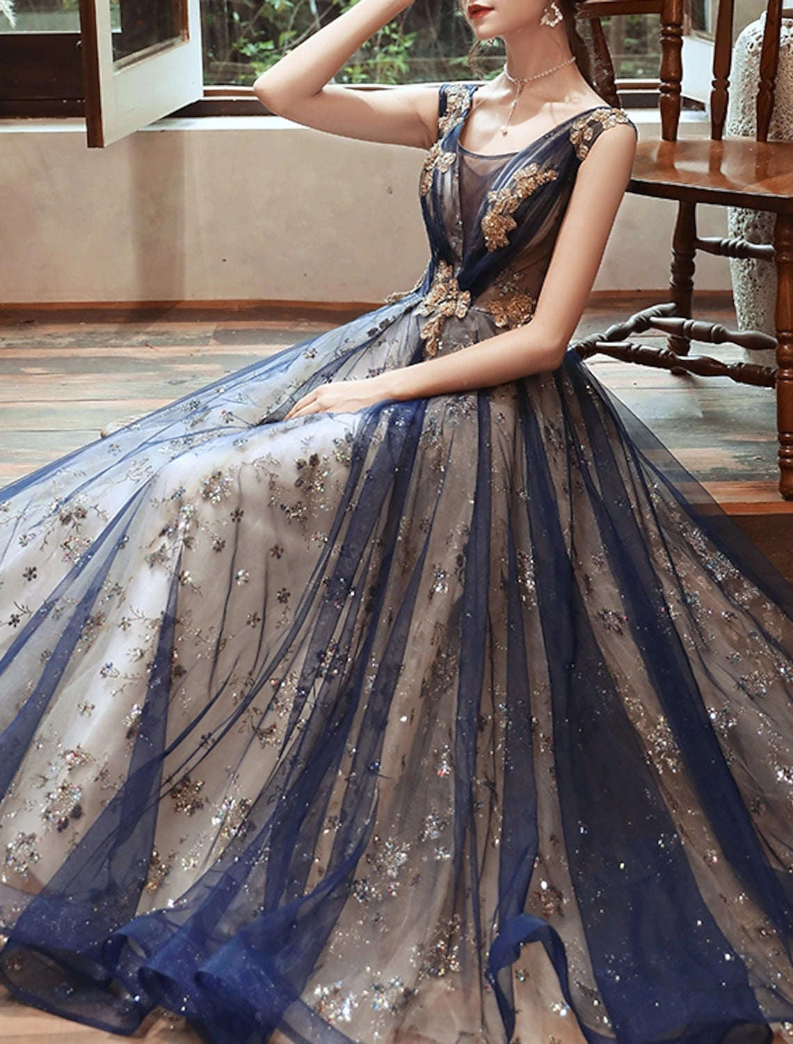 A-Line Prom Dresses Glittering Dress Wedding Guest Evening Party Floor Length Sleeveless Scoop Neck Organza with Sequin