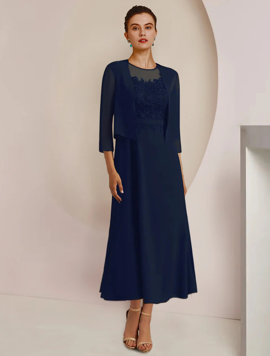 Zweiteiliges A-Linien-Kleid für die Mutter der Braut, formeller Hochzeitsgast, eleganter U-Ausschnitt, knielang, Chiffon, Spitze, 3/4-Ärmel, Jackenkleider mit Schärpe/Band-Applikationen