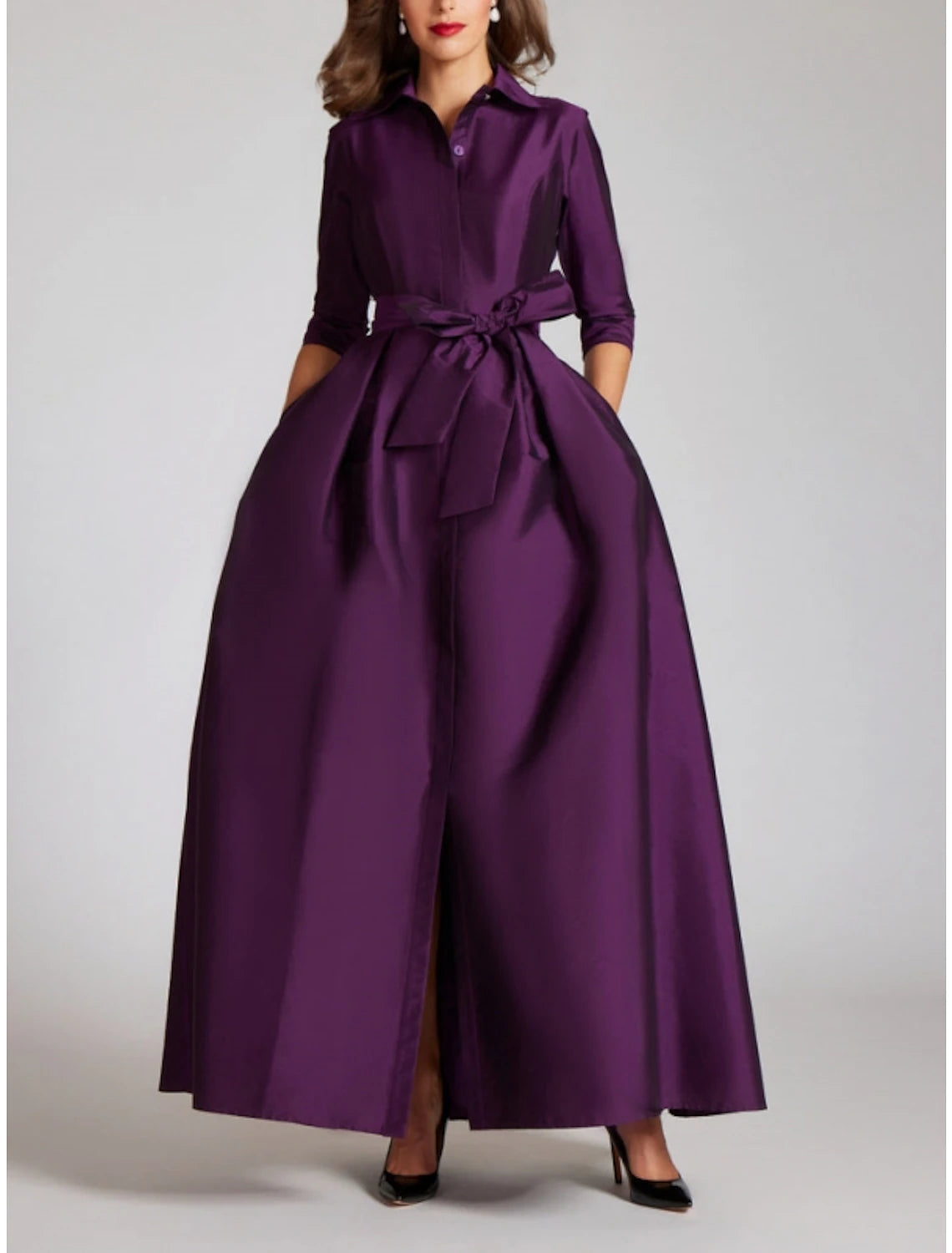Satin A-Linie Abendkleid Champagner Gold Minimalistisch Schwarz Rot Grün Kleid Formal Herbst Bodenlang Halbarm Hemdkragen mit Schleife(n) Falten