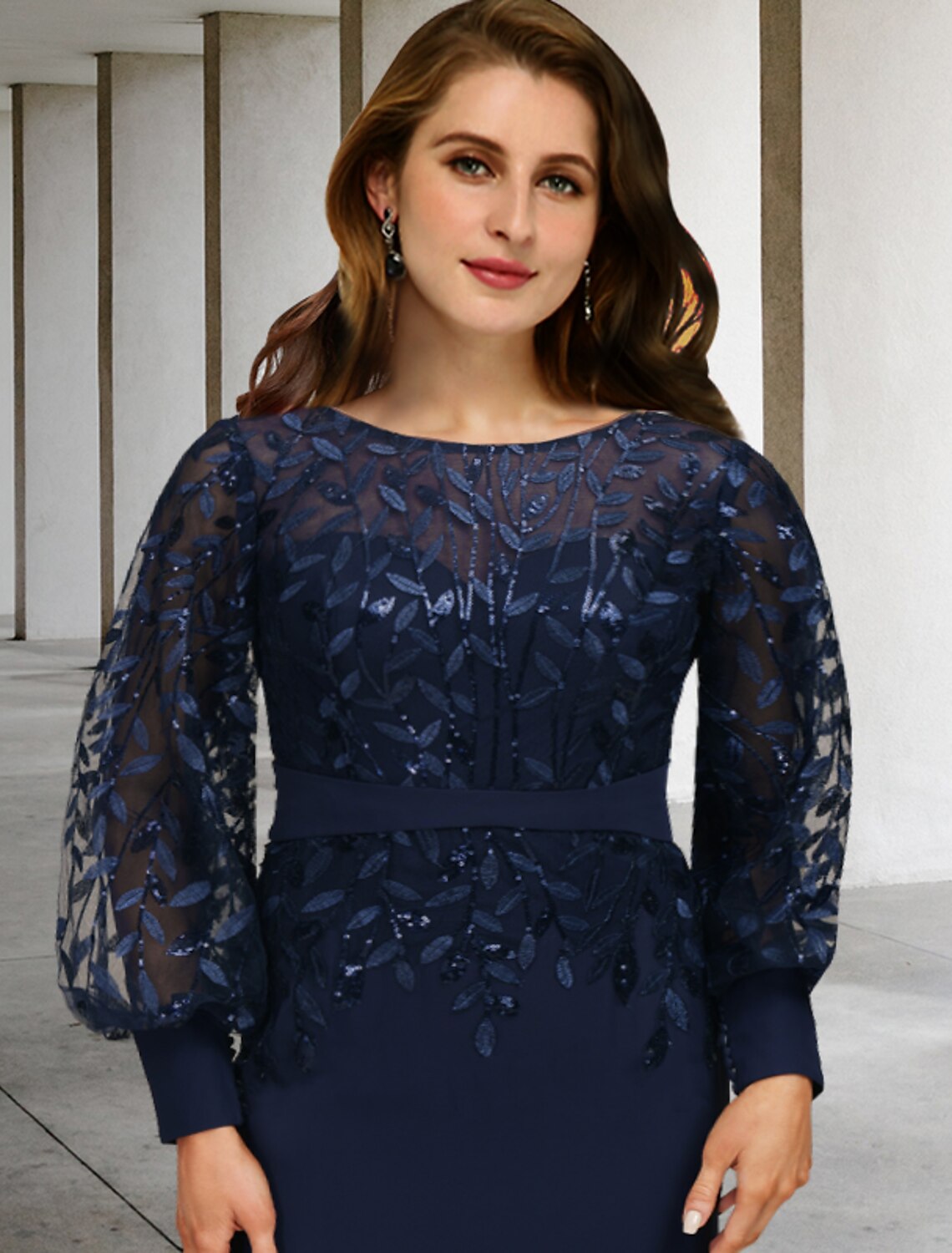 Mermaid / Trumpet Mother of the Bride Dresses Plus Size Hide Belly Curve Vintage Dress Formal Sweep / Brush Train Long Sleeve Jewel Neck Chiffon with Sequin Ruffles