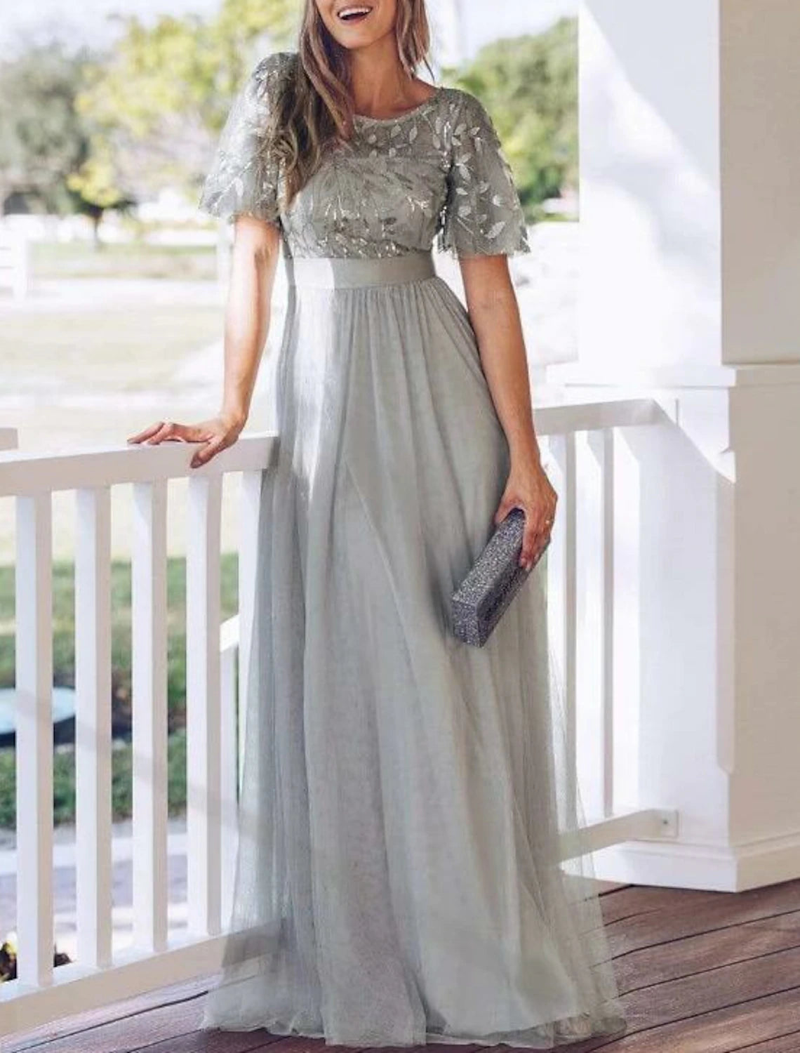 A-Line Prom Dresses Empire Dress Party Wear Prom Floor Length Short Sleeve Jewel Neck Bridesmaid Dress Tulle with Appliques