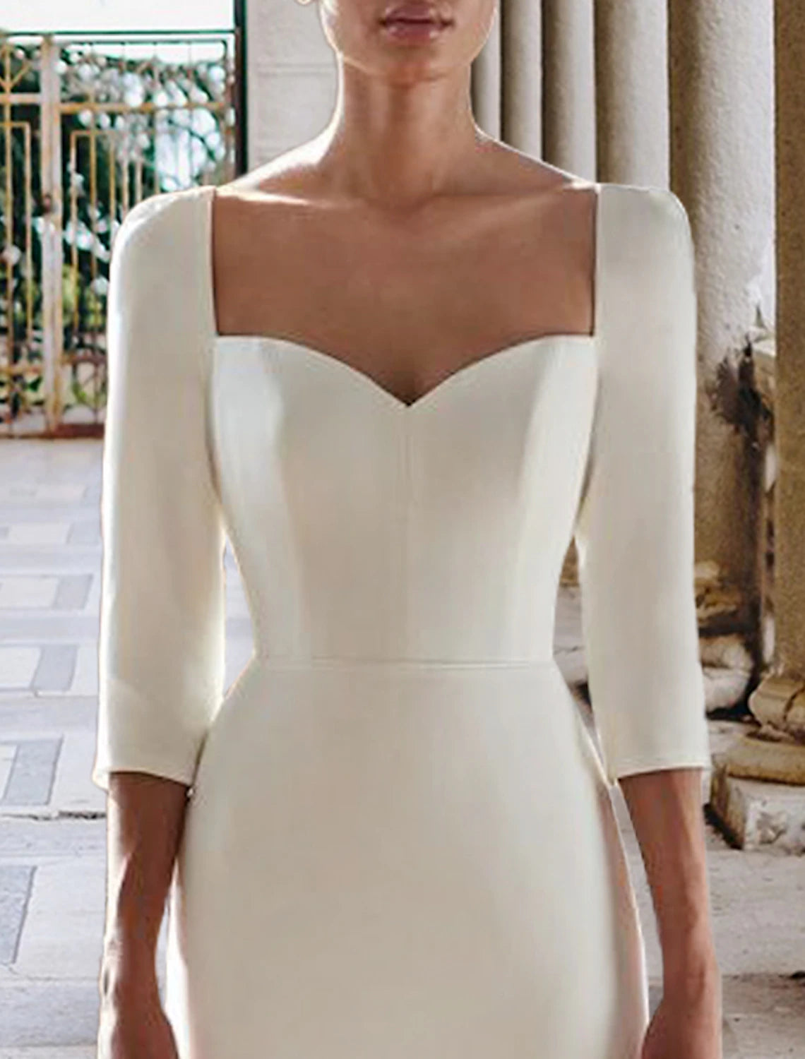 Hall Casual Wedding Dresses Mermaid / Trumpet Sweetheart 3/4 Length Sleeve Sweep / Brush Train Stretch Fabric Bridal Gowns With Solid Color