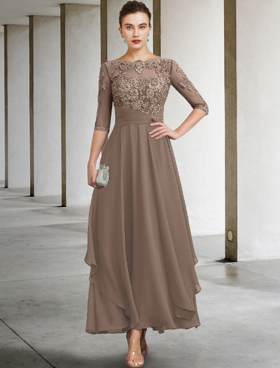 A-Linie Kleid für die Mutter der Braut, Hochzeitsgast, Übergröße, elegant, Rundhalsausschnitt, knöchellang, Chiffon, Spitze, halbe Ärmel mit gerüschtem Perlenbesatz, Applikationen, Herbst