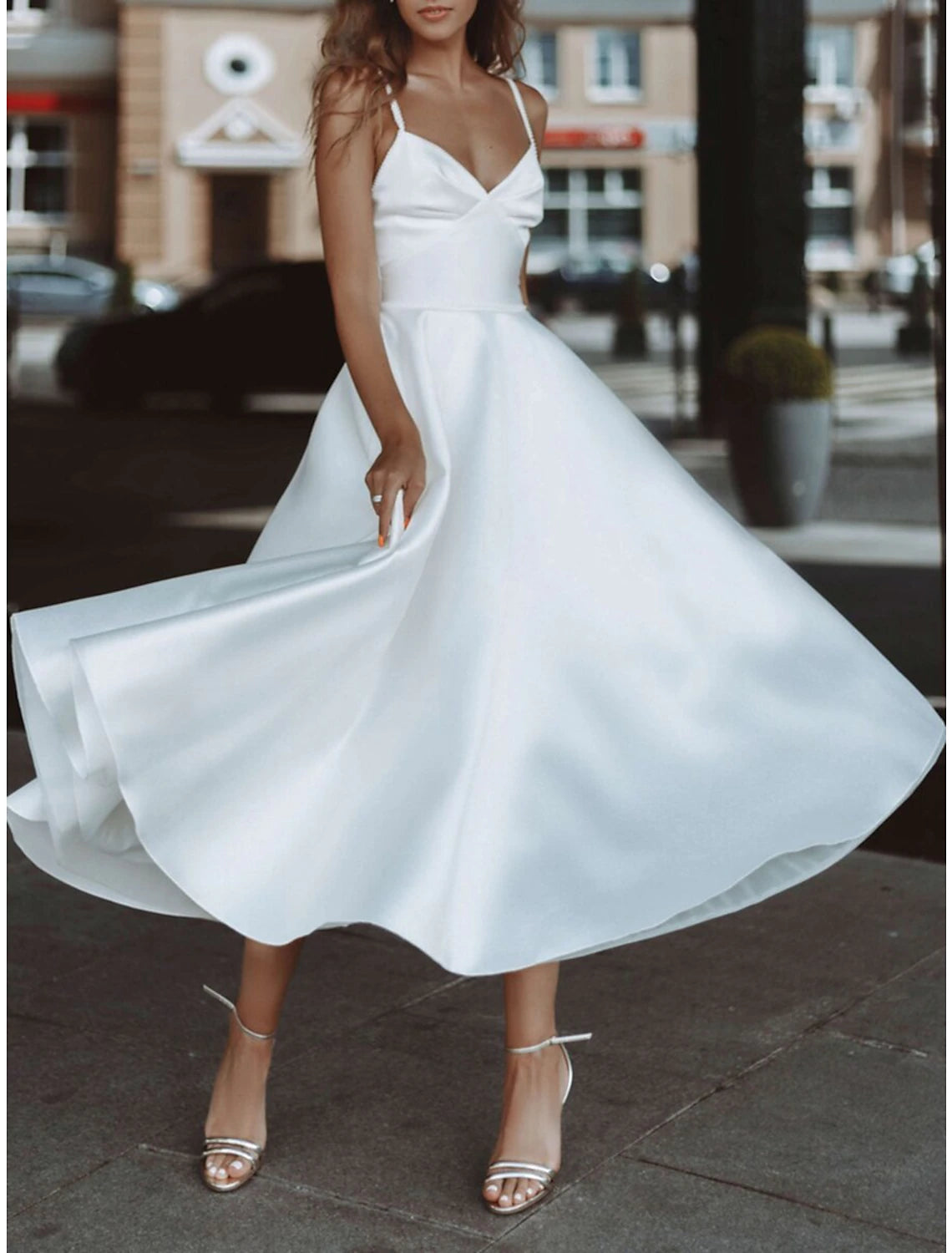Empfang Einfache Brautkleider Brautkleider A-Linie V-Ausschnitt Langarm Tee Länge Chiffon Brautkleider Mit Falten