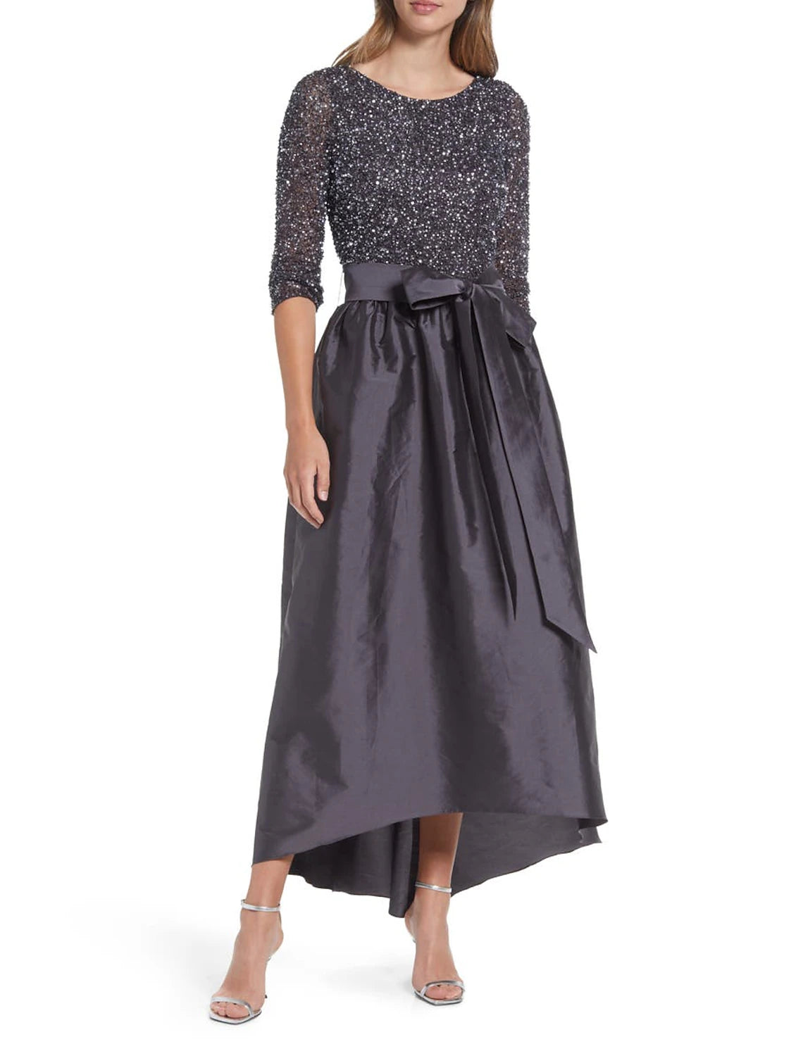 Robe de cocktail trapèze élégante, robe d'invitée de mariage, cravate noire, longueur cheville, manches 3/4, col bijou, satin avec poche