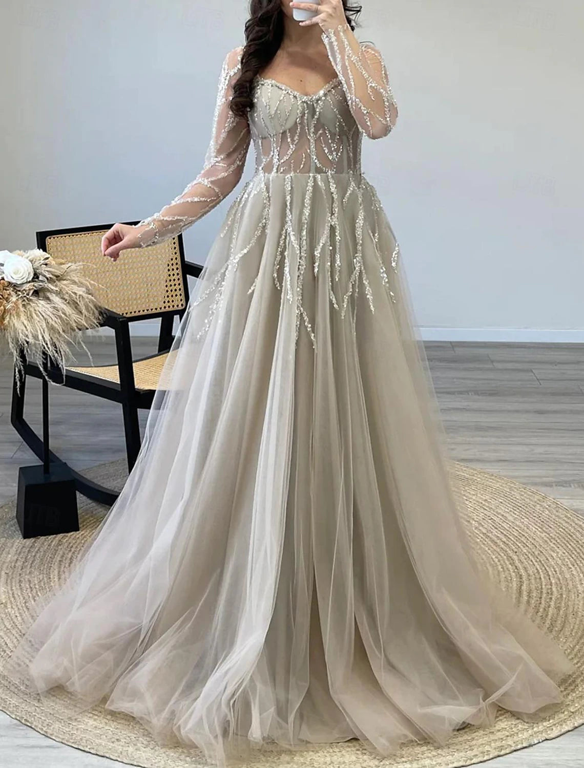 Robe de bal trapèze élégante, longueur au sol, sans manches, col carré, tulle à paillettes