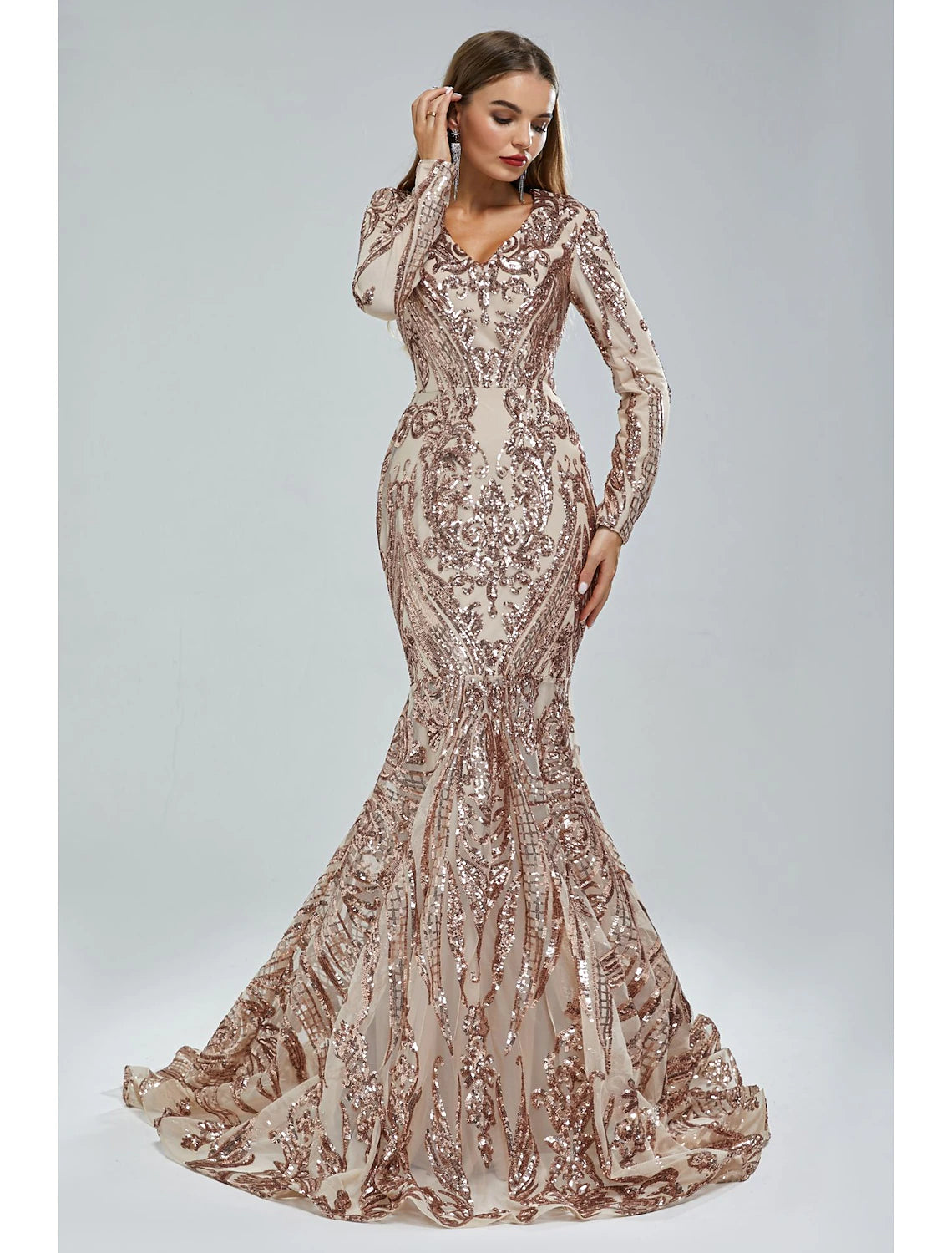 Meerjungfrau/Trompete Abendkleid Elegantes Kleid Karneval Formell Hofschleppe Langarm V-Ausschnitt Afroamerikaner Spitze mit Pailletten