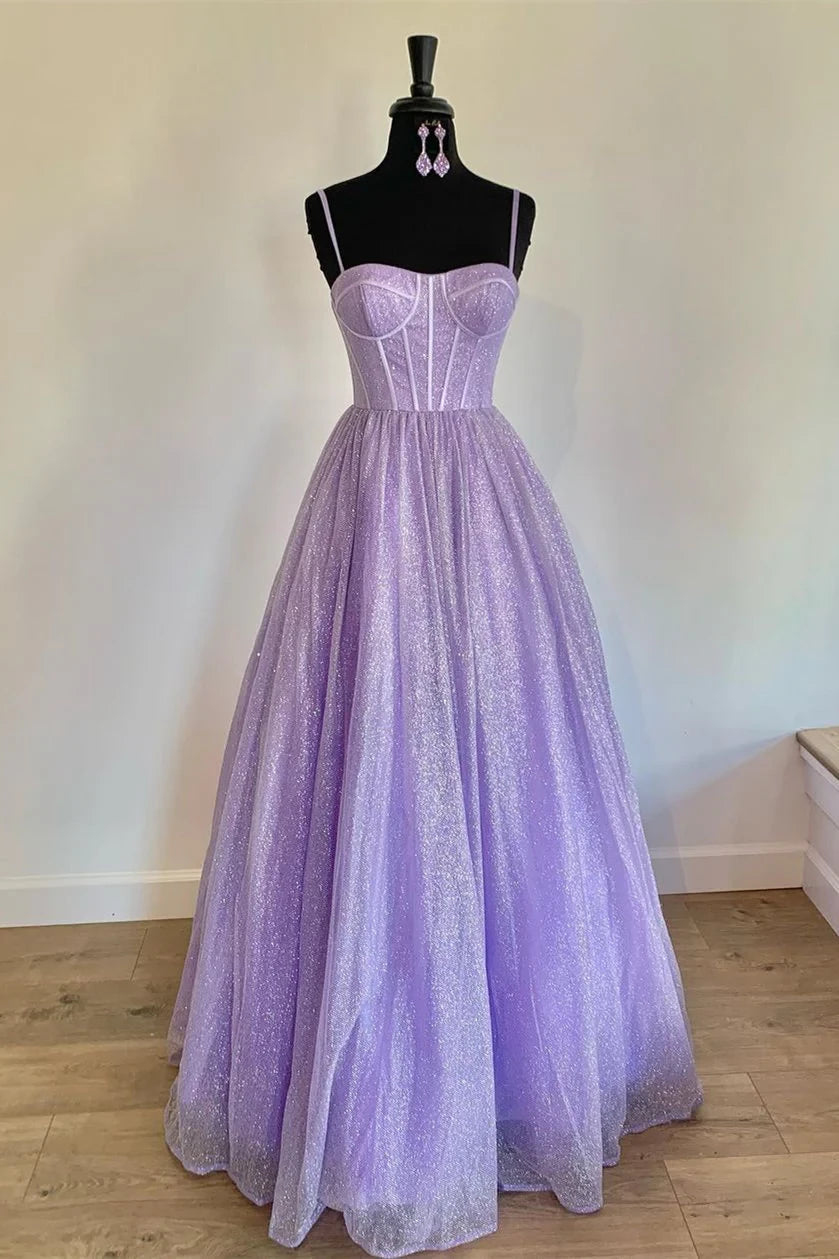 Lavender A‑Line Sweetheart‑Neck Spaghetti‑Strap Corset‑Bodice Glitter‑Tulle Floor‑Length Prom Dress