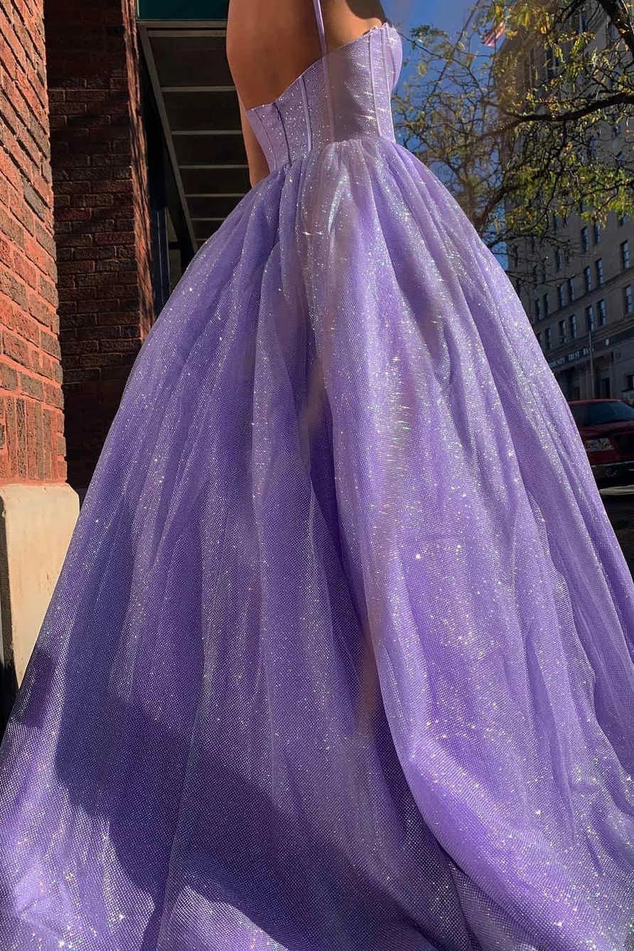 Lavender A‑Line Sweetheart‑Neck Spaghetti‑Strap Corset‑Bodice Glitter‑Tulle Floor‑Length Prom Dress