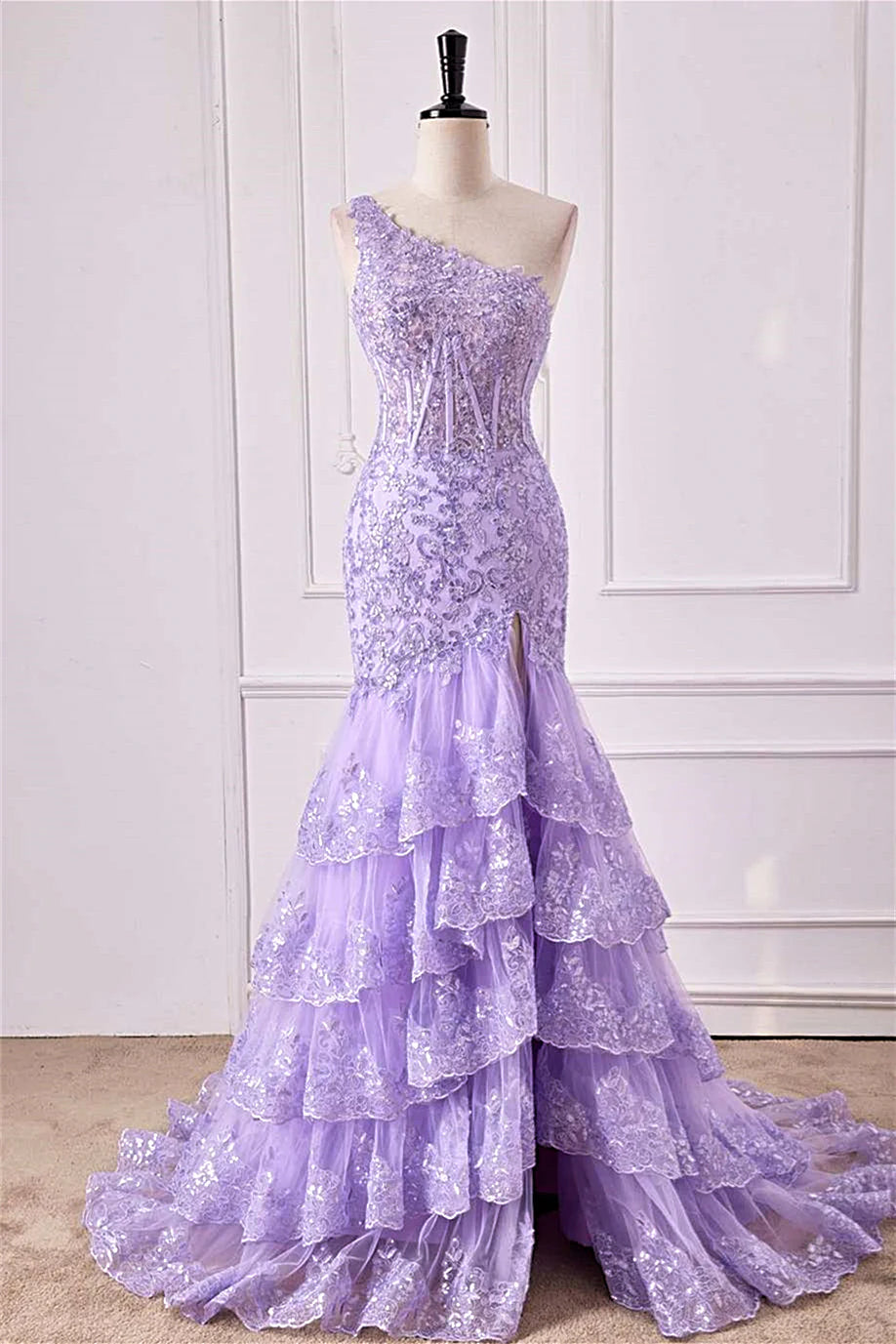 Lavender Mermaid One‑Shoulder Single‑Strap‑Back Sheer‑Corset Sequin‑Lace Ruffled‑Tulle High‑Slit Floor‑Length Prom Dress