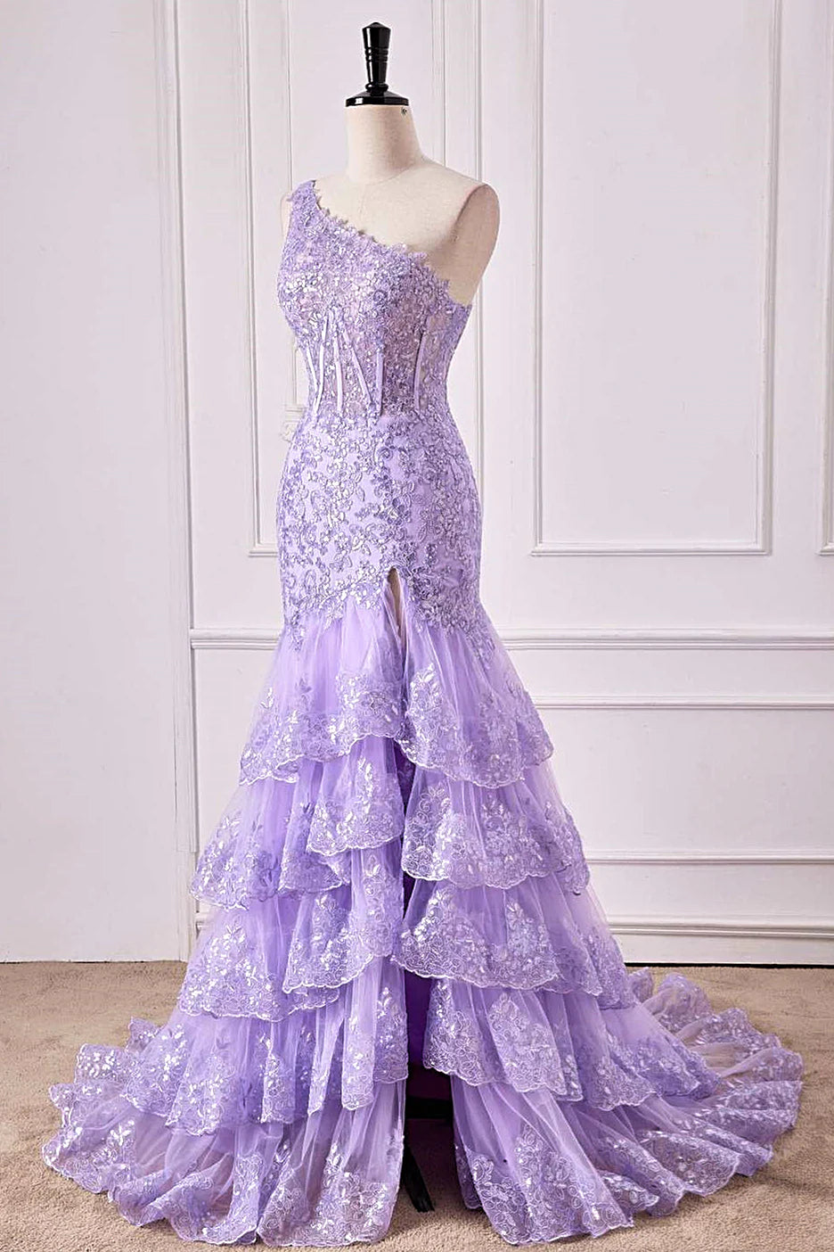 Lavender Mermaid One‑Shoulder Single‑Strap‑Back Sheer‑Corset Sequin‑Lace Ruffled‑Tulle High‑Slit Floor‑Length Prom Dress