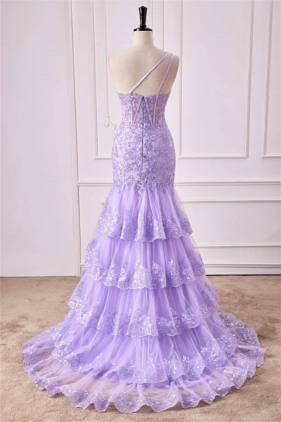 Lavender Mermaid One‑Shoulder Single‑Strap‑Back Sheer‑Corset Sequin‑Lace Ruffled‑Tulle High‑Slit Floor‑Length Prom Dress