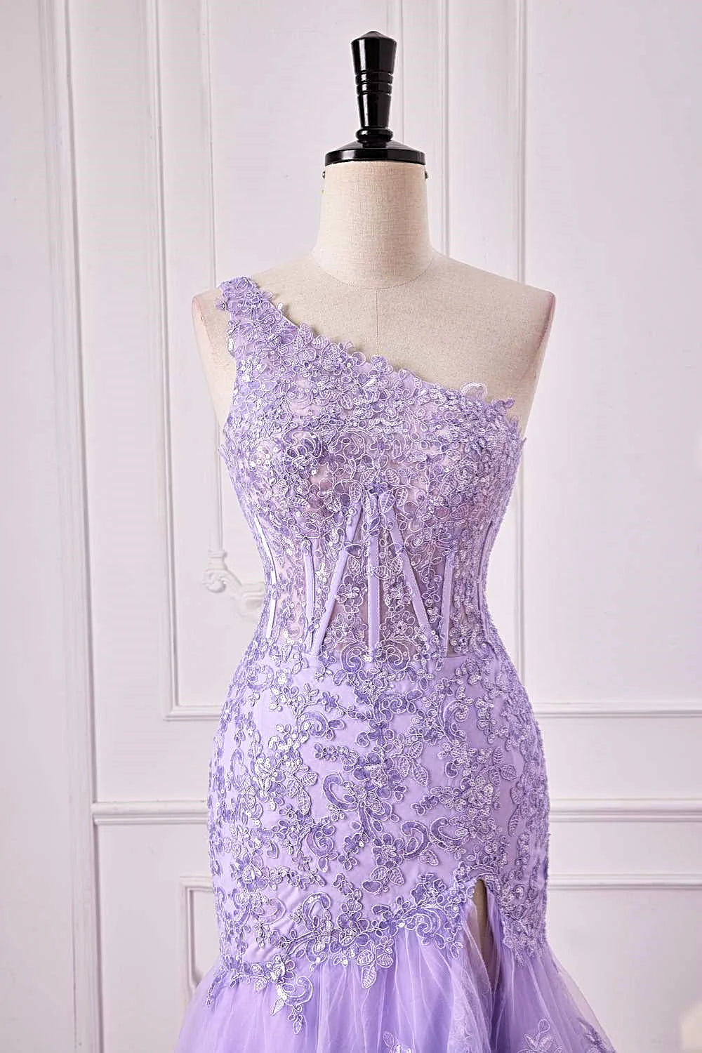Lavender Mermaid One‑Shoulder Single‑Strap‑Back Sheer‑Corset Sequin‑Lace Ruffled‑Tulle High‑Slit Floor‑Length Prom Dress