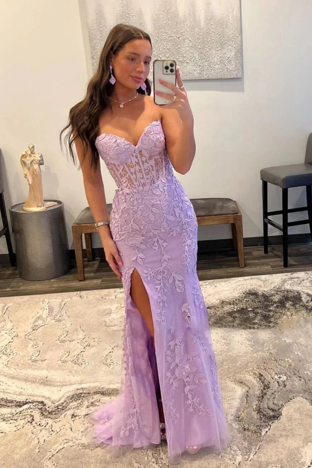 Lavender Mermaid Sweetheart Strapless Sheer‑Back Floor‑Length Prom Dress