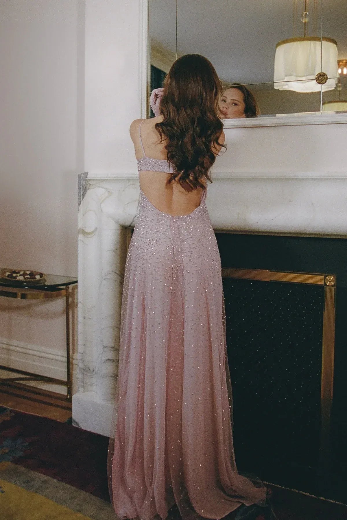 Lavender Spaghetti Strap Open Back Sparkly Tulle Prom Dress