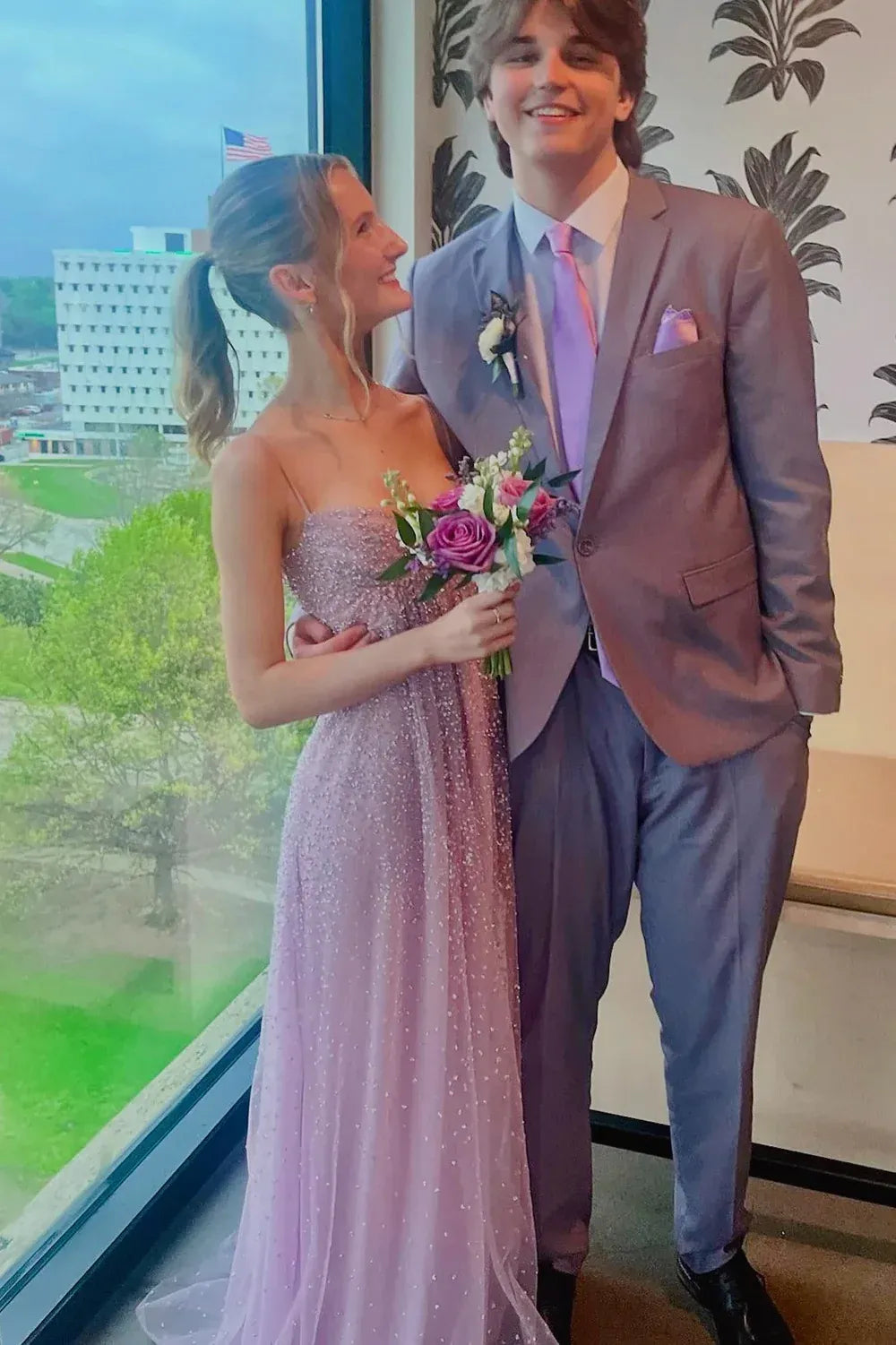Lavender Spaghetti Strap Open Back Sparkly Tulle Prom Dress