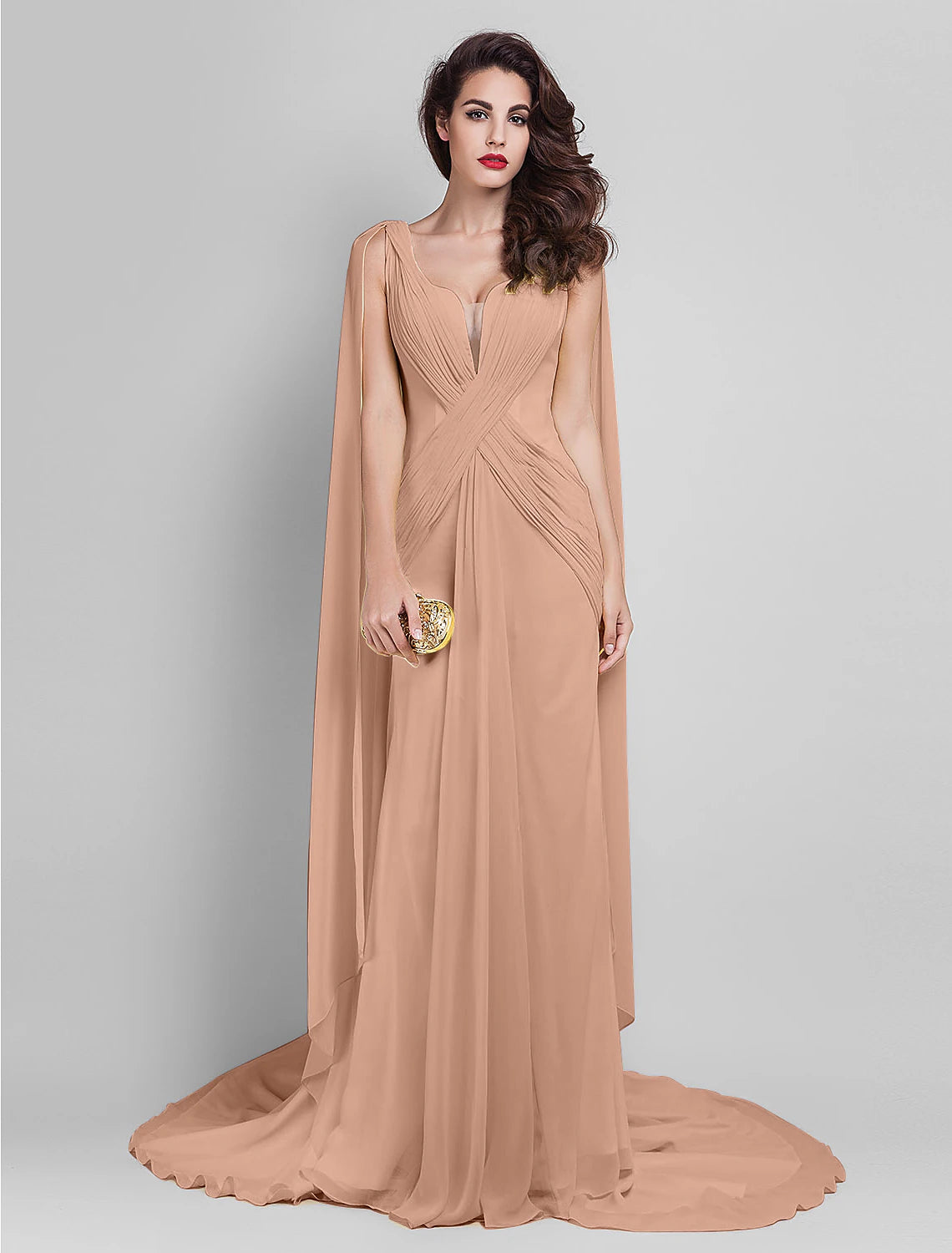 Etuikleid/Säulenkleid, elegantes Kleid, Hochzeitsgast, Abschlussball, Hofschleppe, ärmellos, tiefer Ausschnitt, Georgette, V-Rücken mit überkreuzten Seitendrapings
