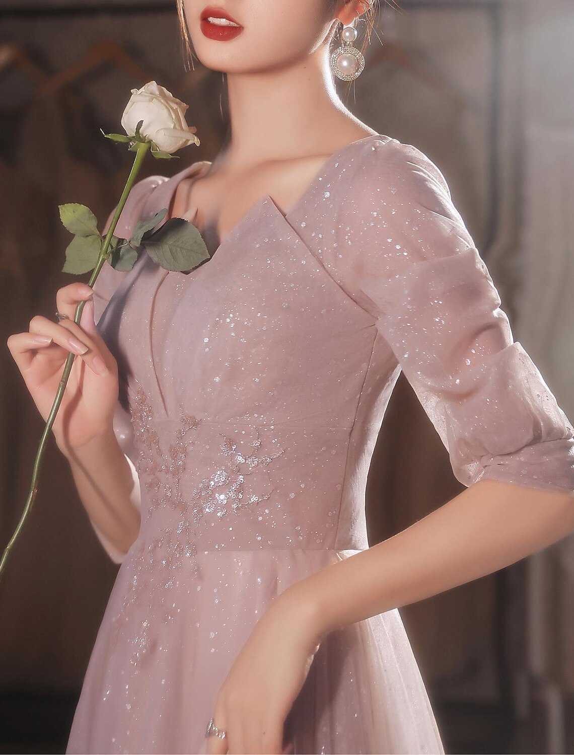 A-Line Beautiful Back Elegant Prom Formal Evening Dress V Neck V Back 3/4 Length Sleeve Floor Length Lace with Appliques