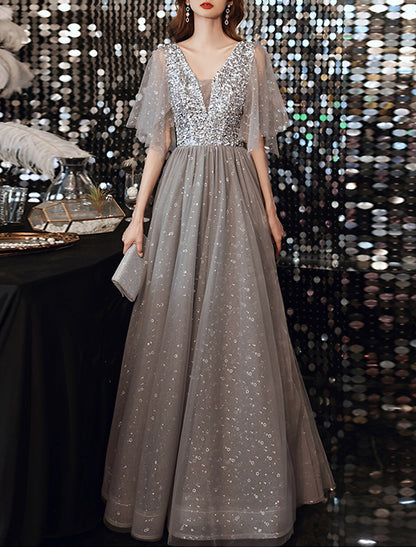 A-Linien-Abendkleid, elegantes Kleid für Hochzeitsgäste, formeller Abend, bodenlang, halbe Ärmel, V-Ausschnitt, Tüll mit Pailletten