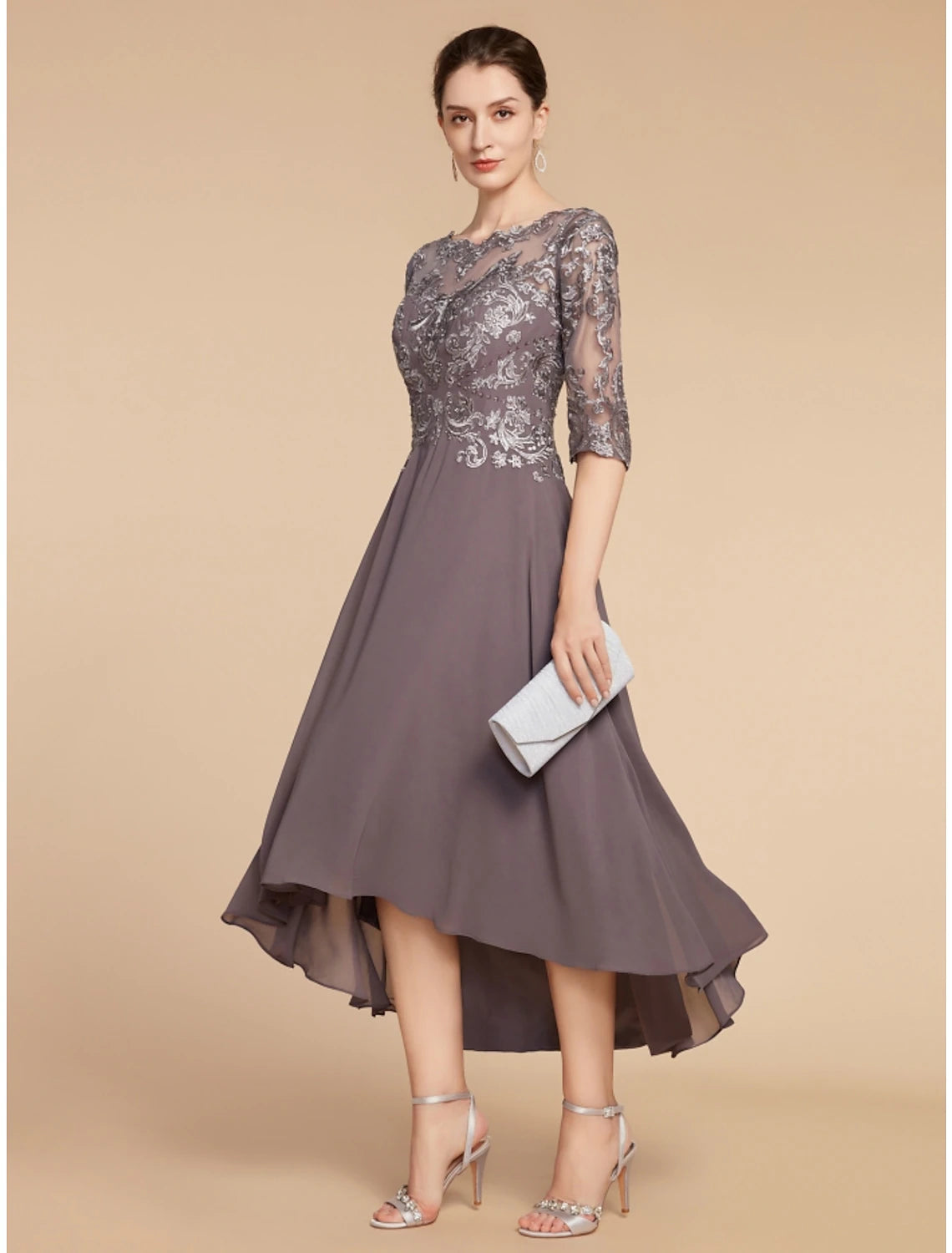 A-Line Mother of the Bride Dress Wedding Guest Elegant Vintage Scoop Neck Asymmetrical Chiffon Lace Half Sleeve with Ruching Solid Color