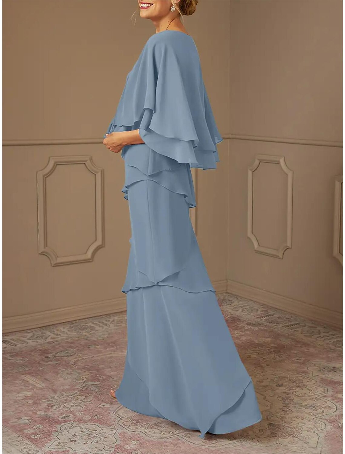 Robe de mère de la mariée trapèze, élégante, col en V, longueur au sol, en mousseline, manches mi-longues, avec volants en cascade, couleur unie