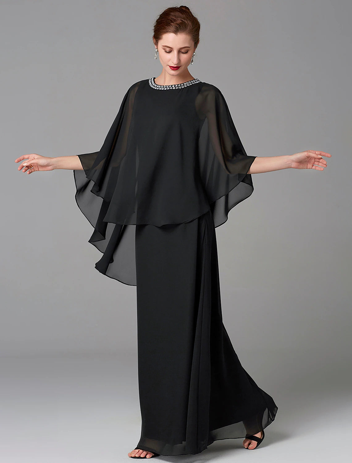A-Line Mother of the Bride Dress Wedding Guest Elegant Plus Size Jewel Neck Floor Length Chiffon Sleeveless with Beading