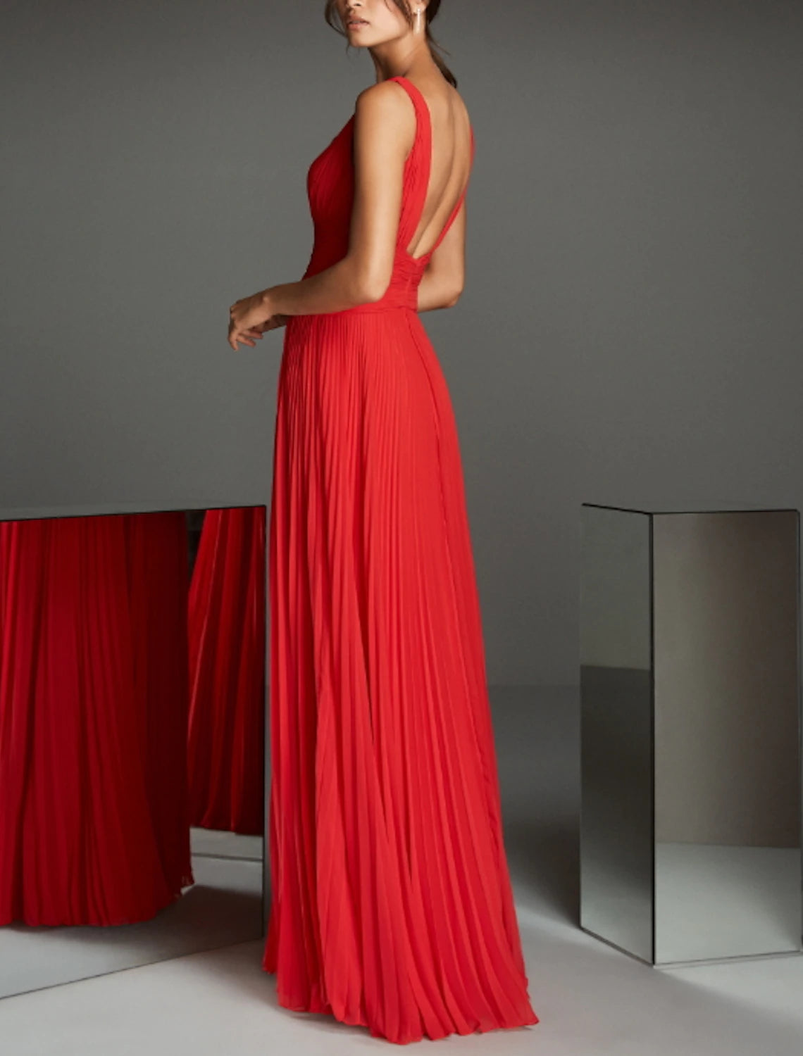 A-Linie Empire Rot Grün Kleid Formelles Abendkleid V-Ausschnitt Ärmellos Bodenlang Chiffon mit Falten