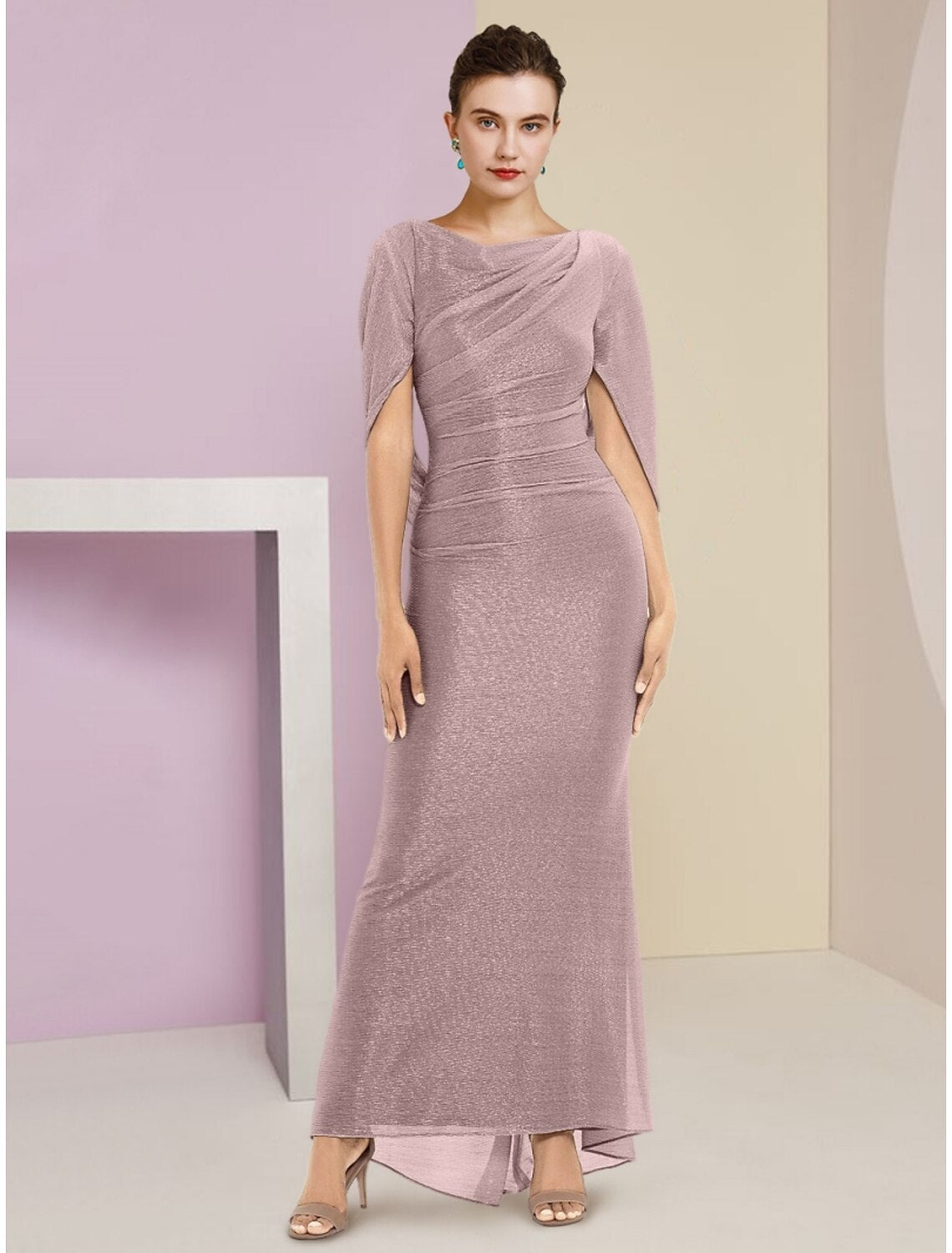 Meerjungfrau/Trompete Kleid für die Brautmutter, Hochzeitsgast, Glitzer und Glanz, elegant, Rundhalsausschnitt, knöchellang, Chiffon, halbe Ärmel, mit Pailletten, Rüschen, einfarbig