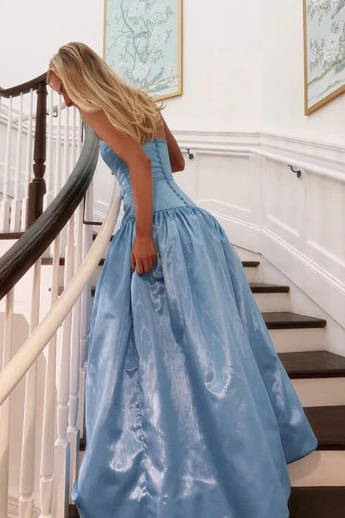 Light Blue Ball-Gown Strapless Corset-Back Prom Dress