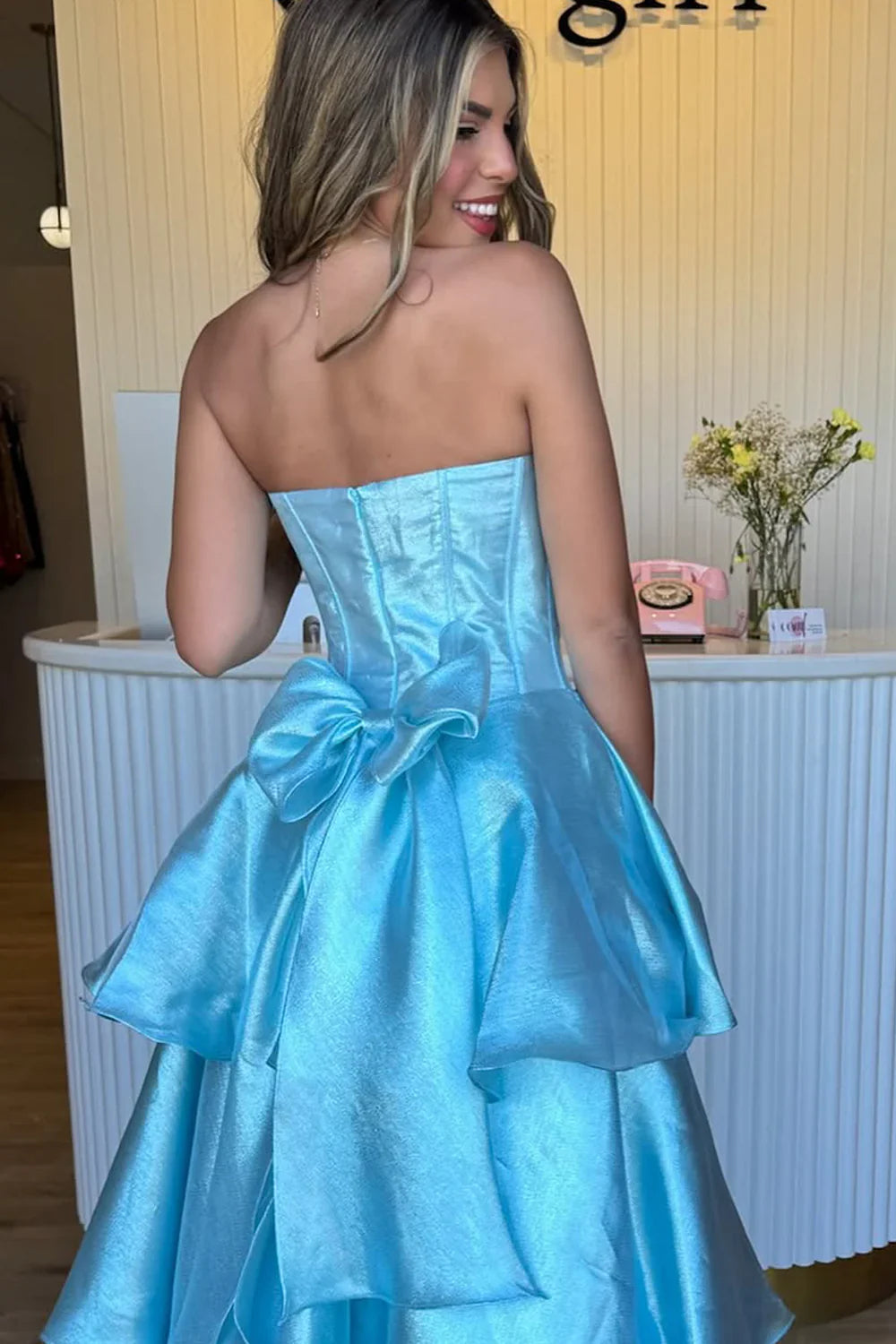 Light Blue Ball Gown Strapless Sweetheart Tiered Bow Back Prom Dress