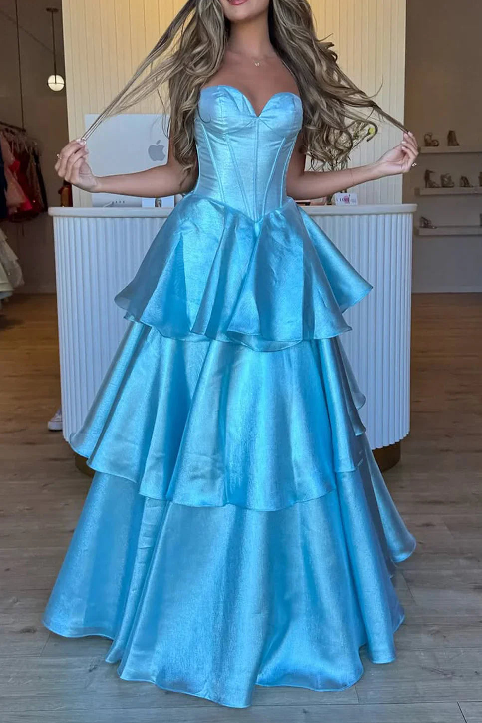Light Blue Ball Gown Strapless Sweetheart Tiered Bow Back Prom Dress