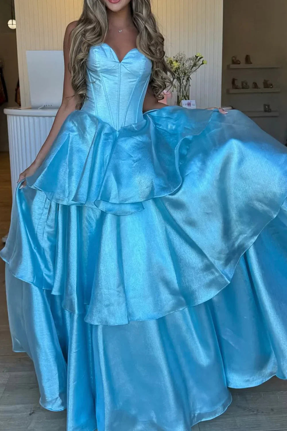Light Blue Ball Gown Strapless Sweetheart Tiered Bow Back Prom Dress