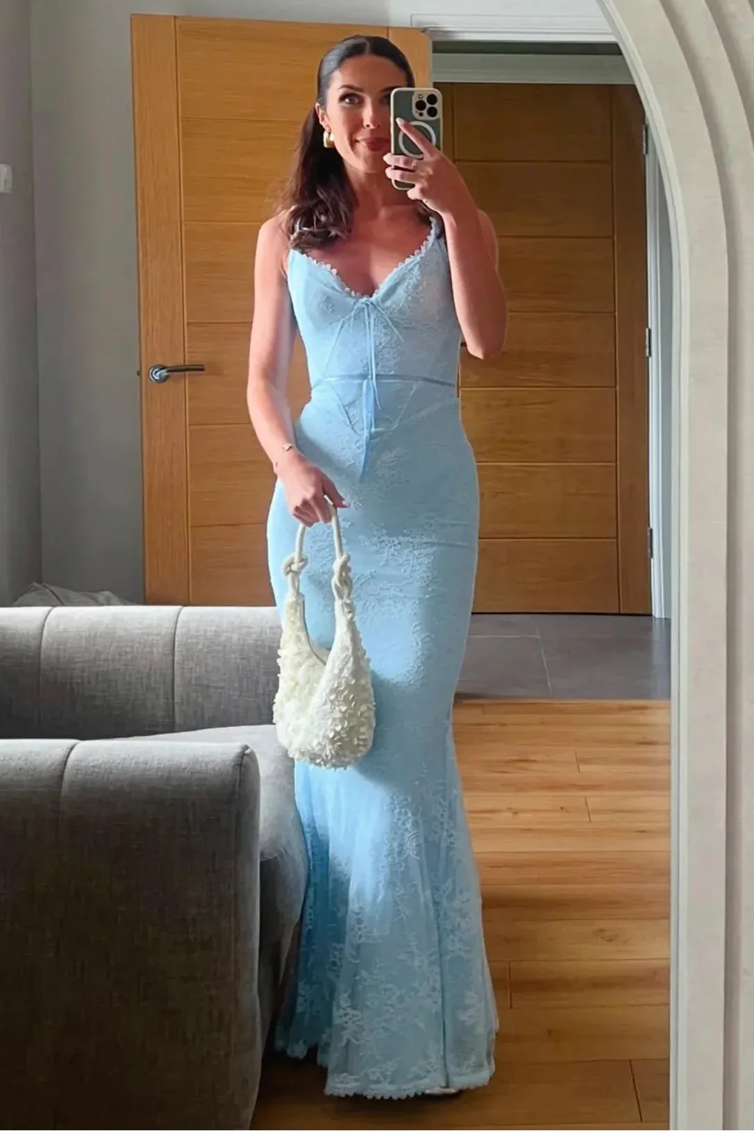 Light Blue Lace Mermaid Spaghetti Strap V-Neck Prom Dress