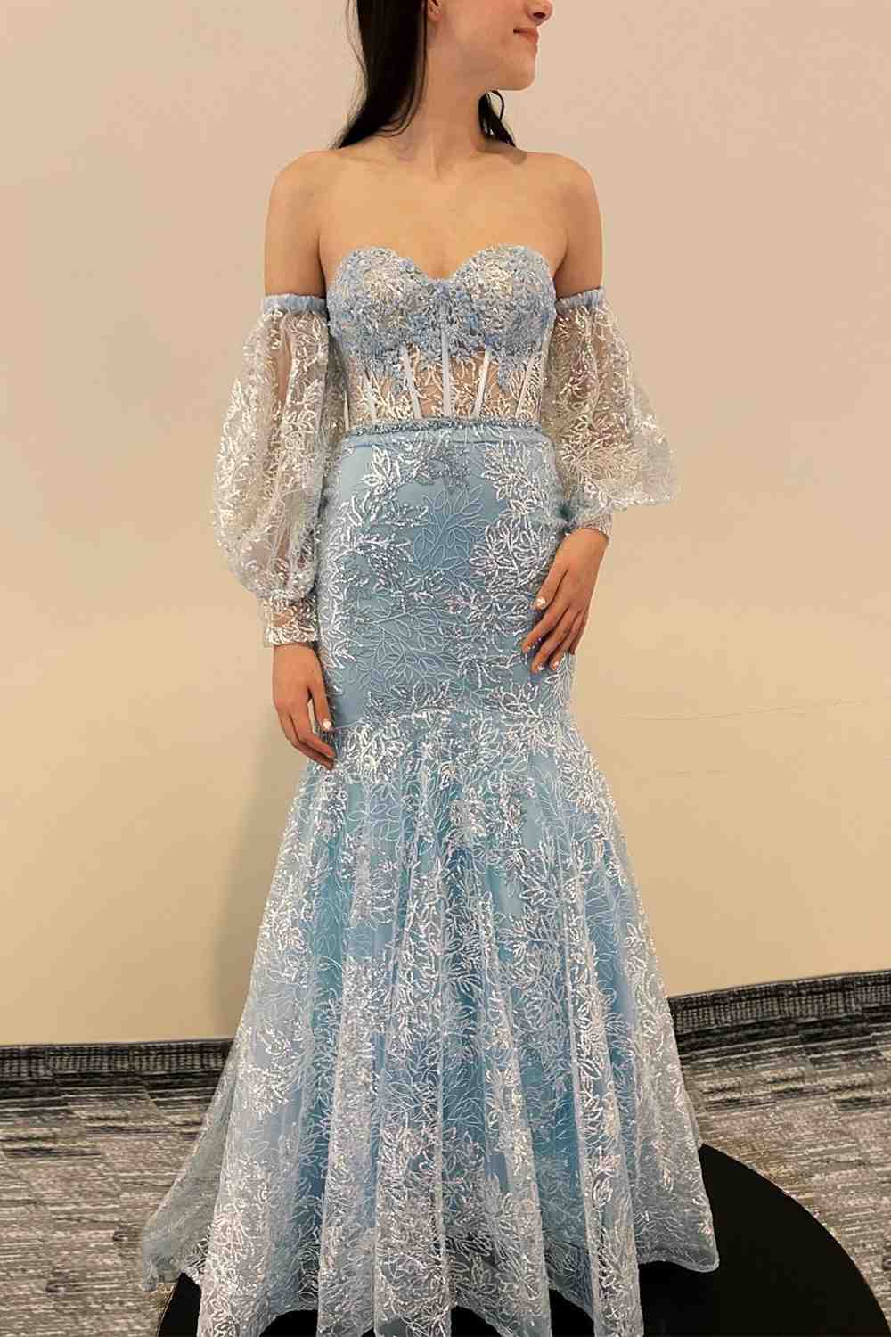 Light‑Blue Mermaid Off‑The‑Shoulder Puff‑Sleeve Corset‑Bodice Open‑Back Floral‑Glitter‑Lace Floor‑Length Prom Dress