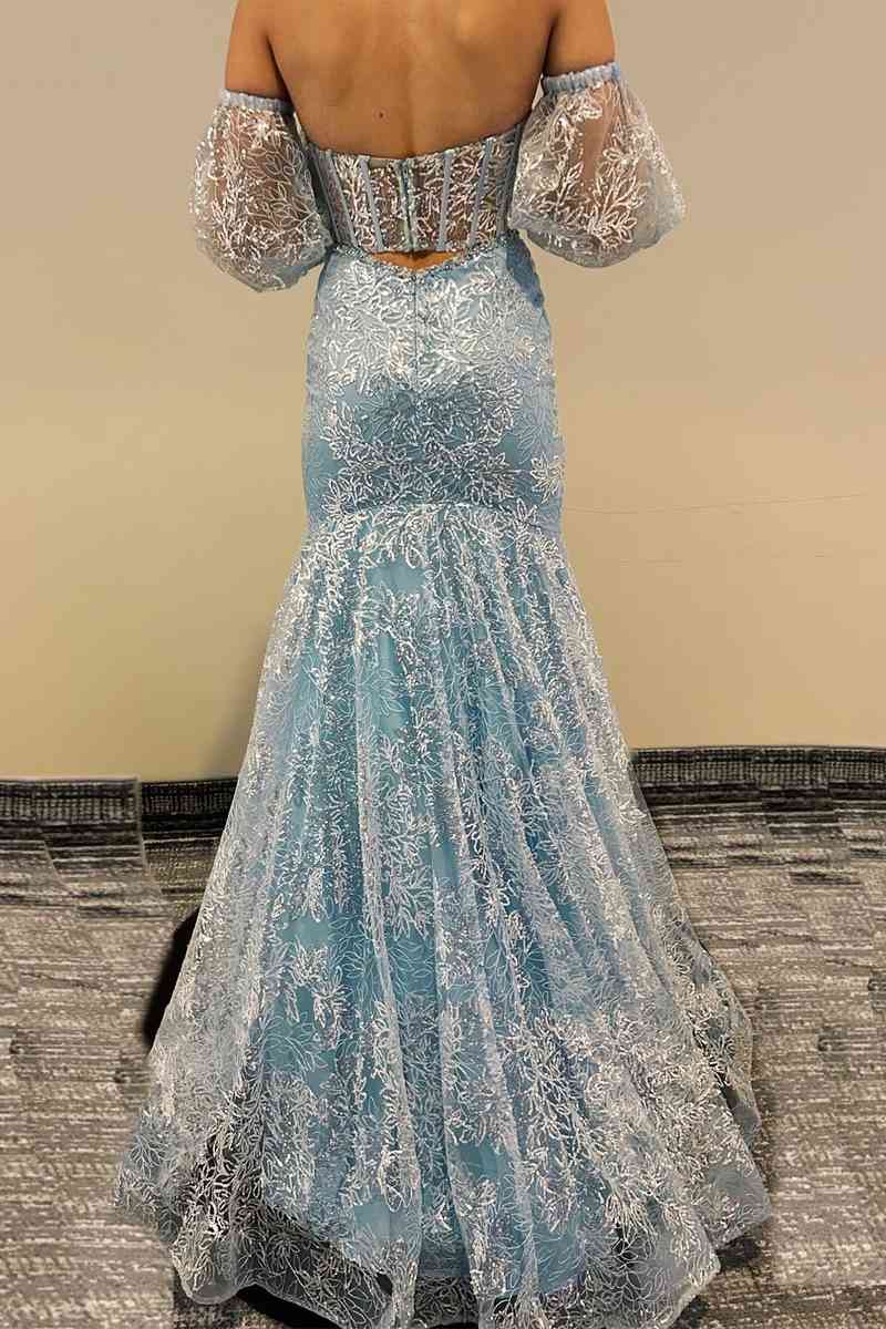 Light‑Blue Mermaid Off‑The‑Shoulder Puff‑Sleeve Corset‑Bodice Open‑Back Floral‑Glitter‑Lace Floor‑Length Prom Dress